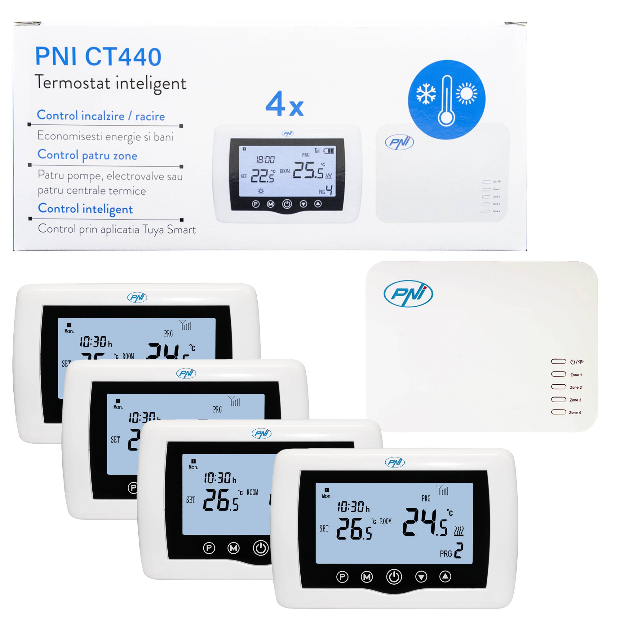 Smarter Thermostat PNI CT440 kabellos, mit WiFi, Steuerung von 4 Zonen über das Internet, für Heizanlagen, Pumpen, Magnetventile, TuyaSmart APP