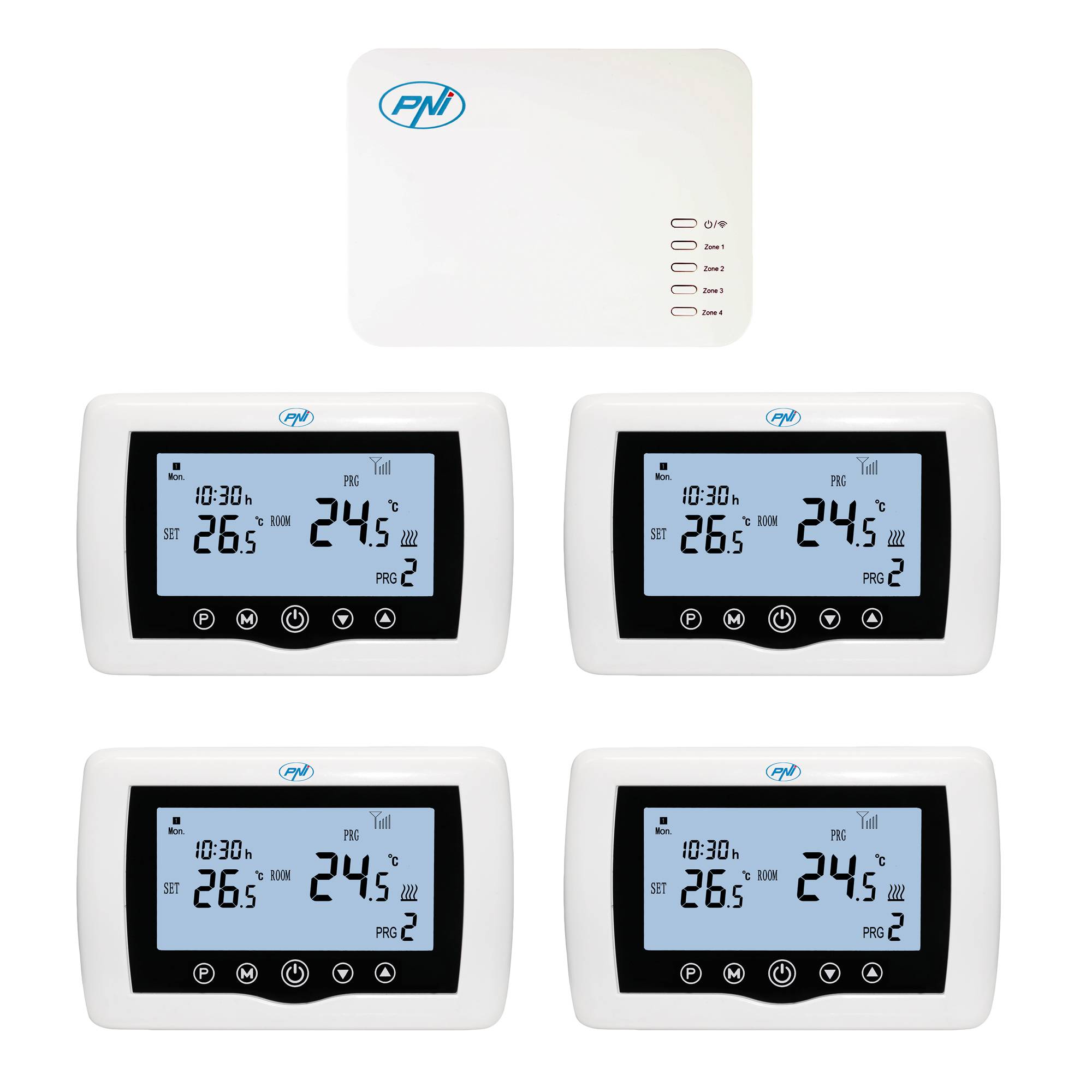 Smarter Thermostat PNI CT440 kabellos, mit WiFi, Steuerung von 4 Zonen über das Internet, für Heizanlagen, Pumpen, Magnetventile, TuyaSmart APP