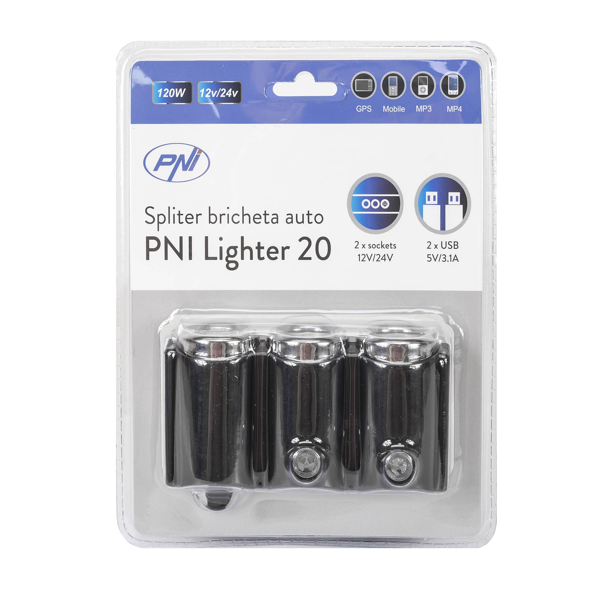 Auto-Zigarettenanzünder-Splitter PNI Lighter 20 12V/24V 2 Ausgänge, 2 x USB, LED-Anzeige
