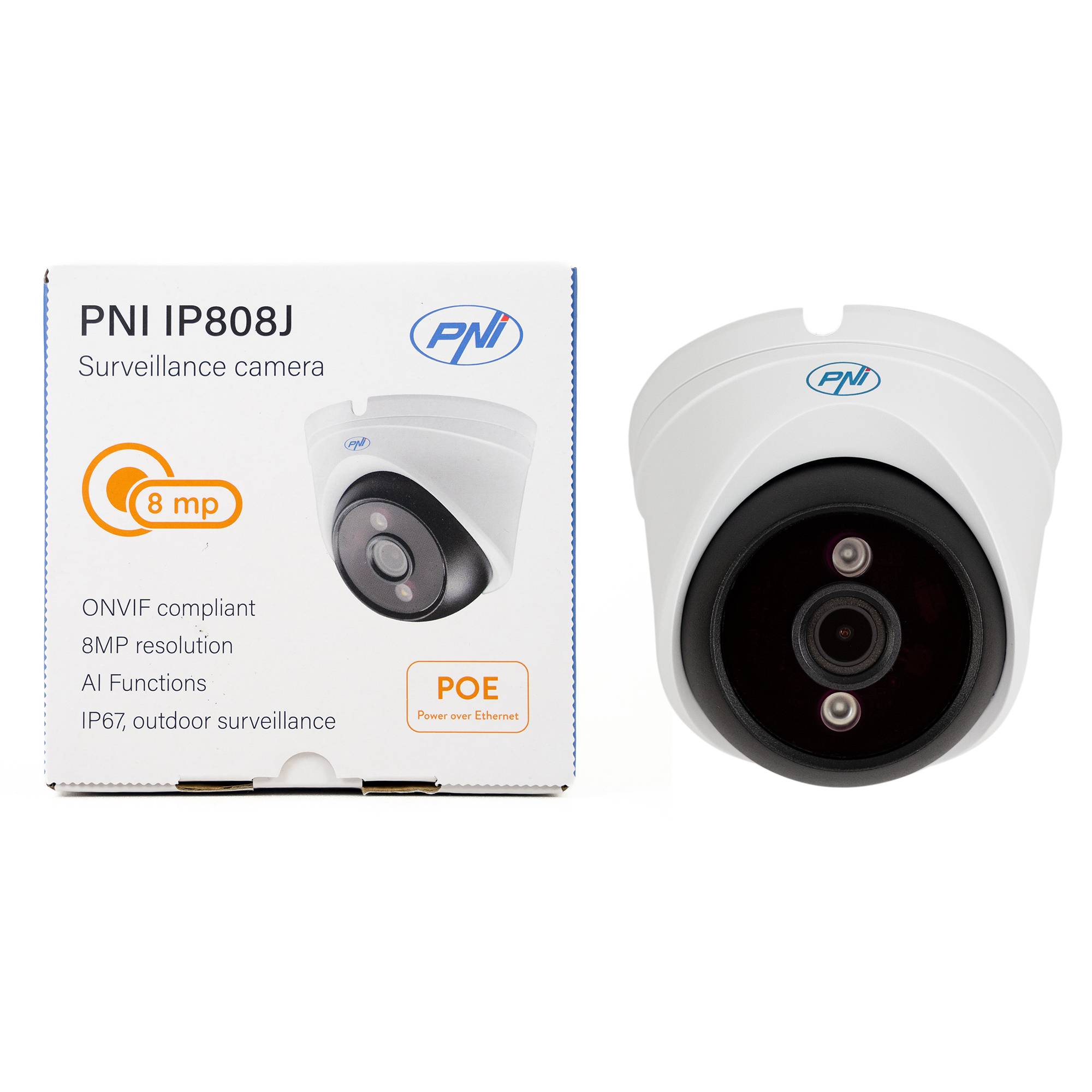 PNI IP808J POE Videoüberwachungskamera, 8MP, Schwarzlicht, 2,8mm Objektiv, für den Außenbereich, weiß