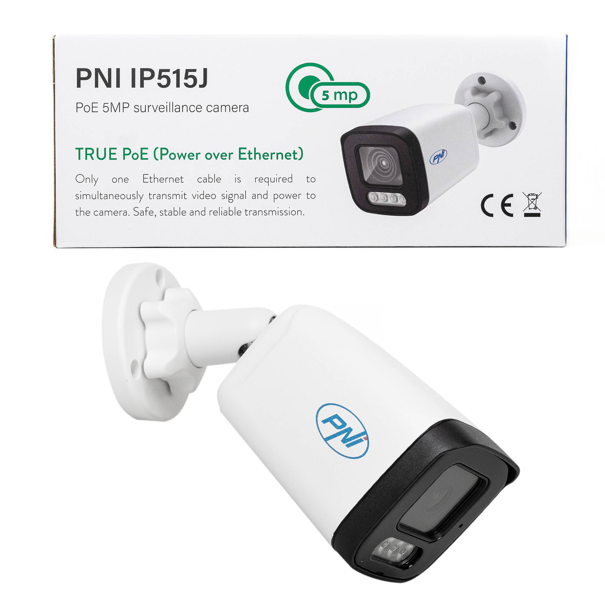 PNI IP515J POE-Videoüberwachungskamera, Bullet 5MP, 2,8 mm, für den Außenbereich, bidirektionales Audio, weiß