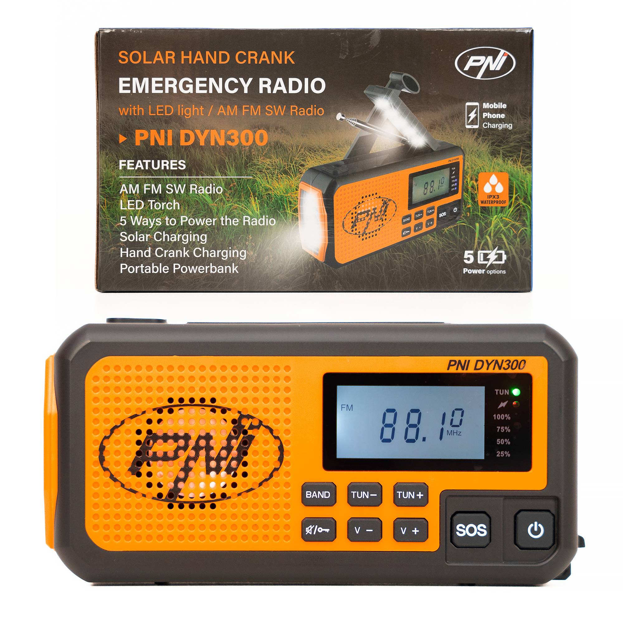 PNI DYN300 Tragbares Radio mit Dynam, Solaraufladung, Taschenlampe, Powerbank 4000 mAh, SOS, IPX3, Orange, Verdunkelungskit