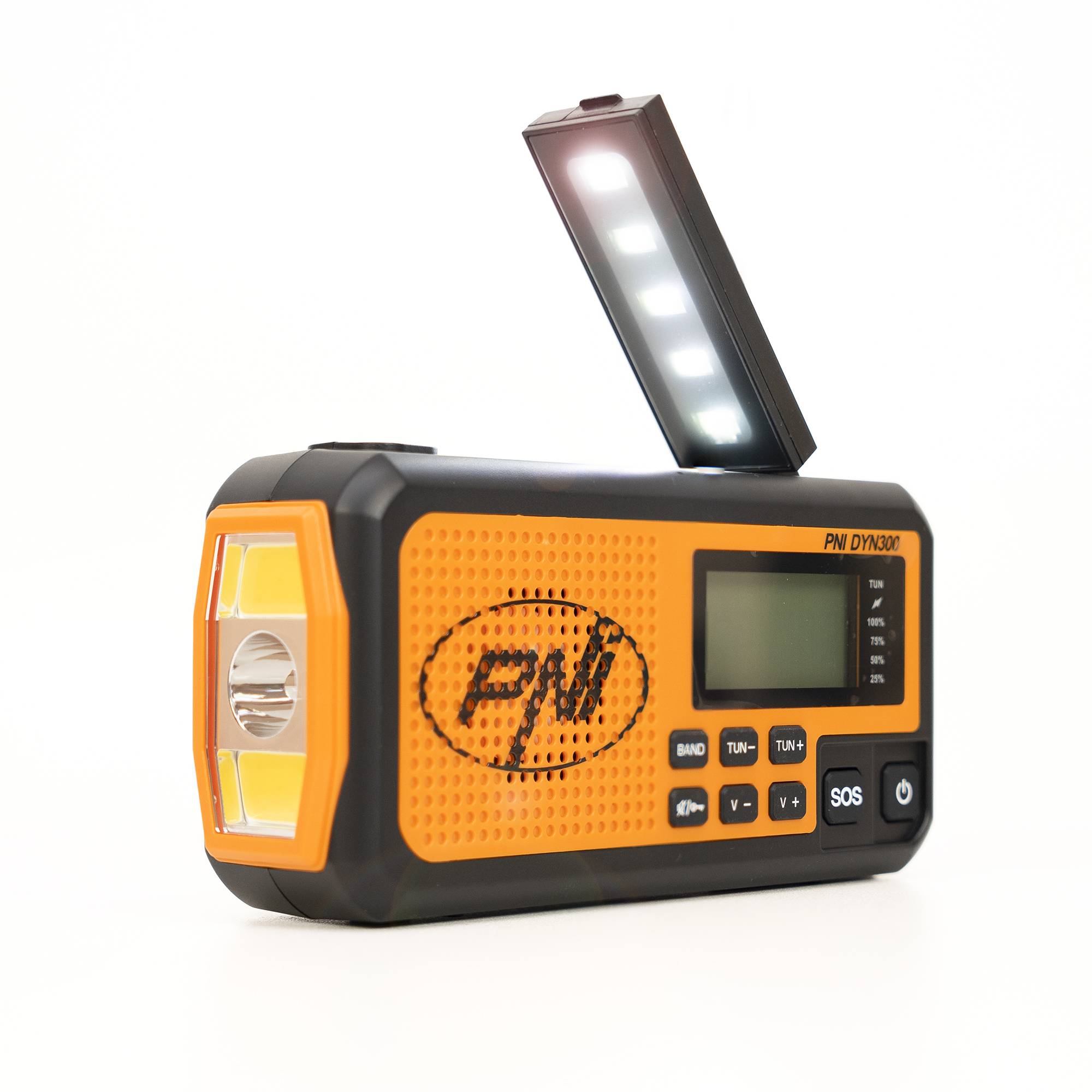 PNI DYN300 Tragbares Radio mit Dynam, Solaraufladung, Taschenlampe, Powerbank 4000 mAh, SOS, IPX3, Orange, Verdunkelungskit