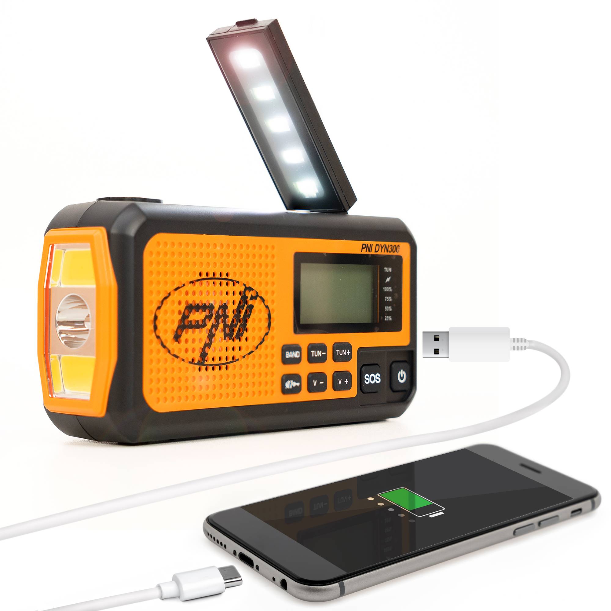 PNI DYN300 Tragbares Radio mit Dynam, Solaraufladung, Taschenlampe, Powerbank 4000 mAh, SOS, IPX3, Orange, Verdunkelungskit