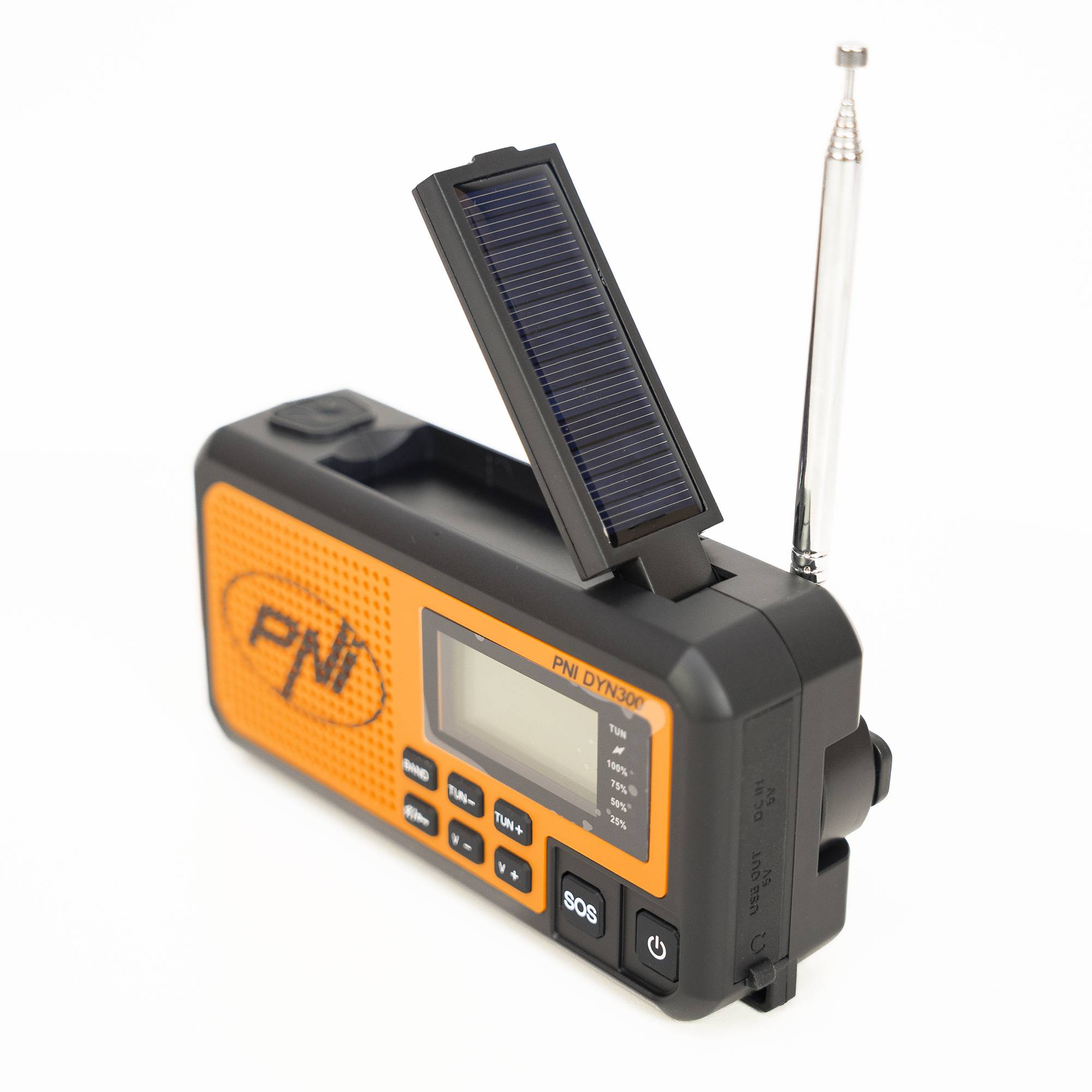 PNI DYN300 Tragbares Radio mit Dynam, Solaraufladung, Taschenlampe, Powerbank 4000 mAh, SOS, IPX3, Orange, Verdunkelungskit