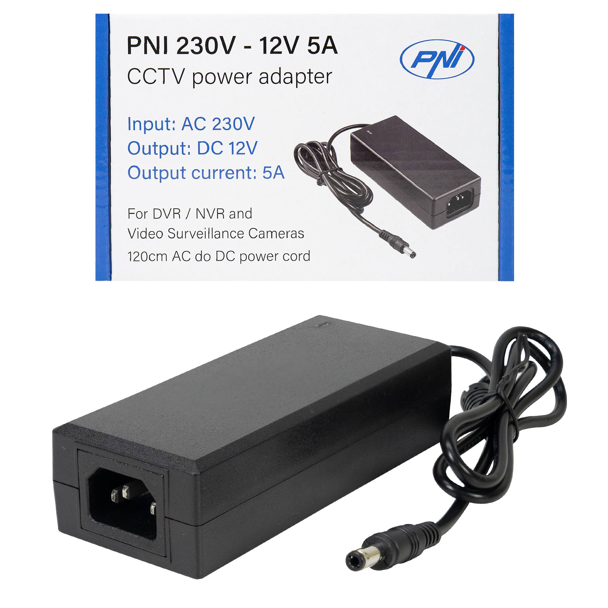 Netzteil PNI CCTV 230V, Eingang 230V, Ausgang 12V, 5A, 2 Meter, schwarz