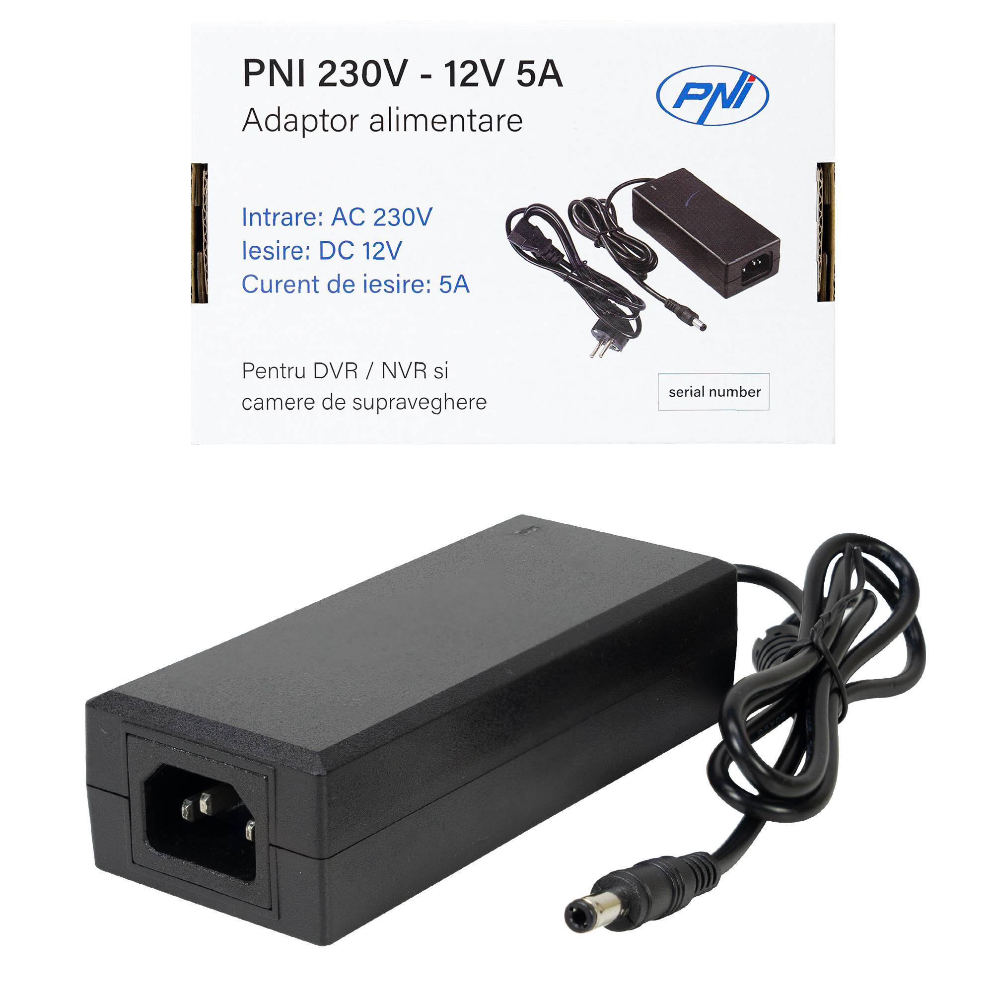 Netzteil PNI CCTV 230V, Eingang 230V, Ausgang 12V, 5A, 2 Meter, schwarz
