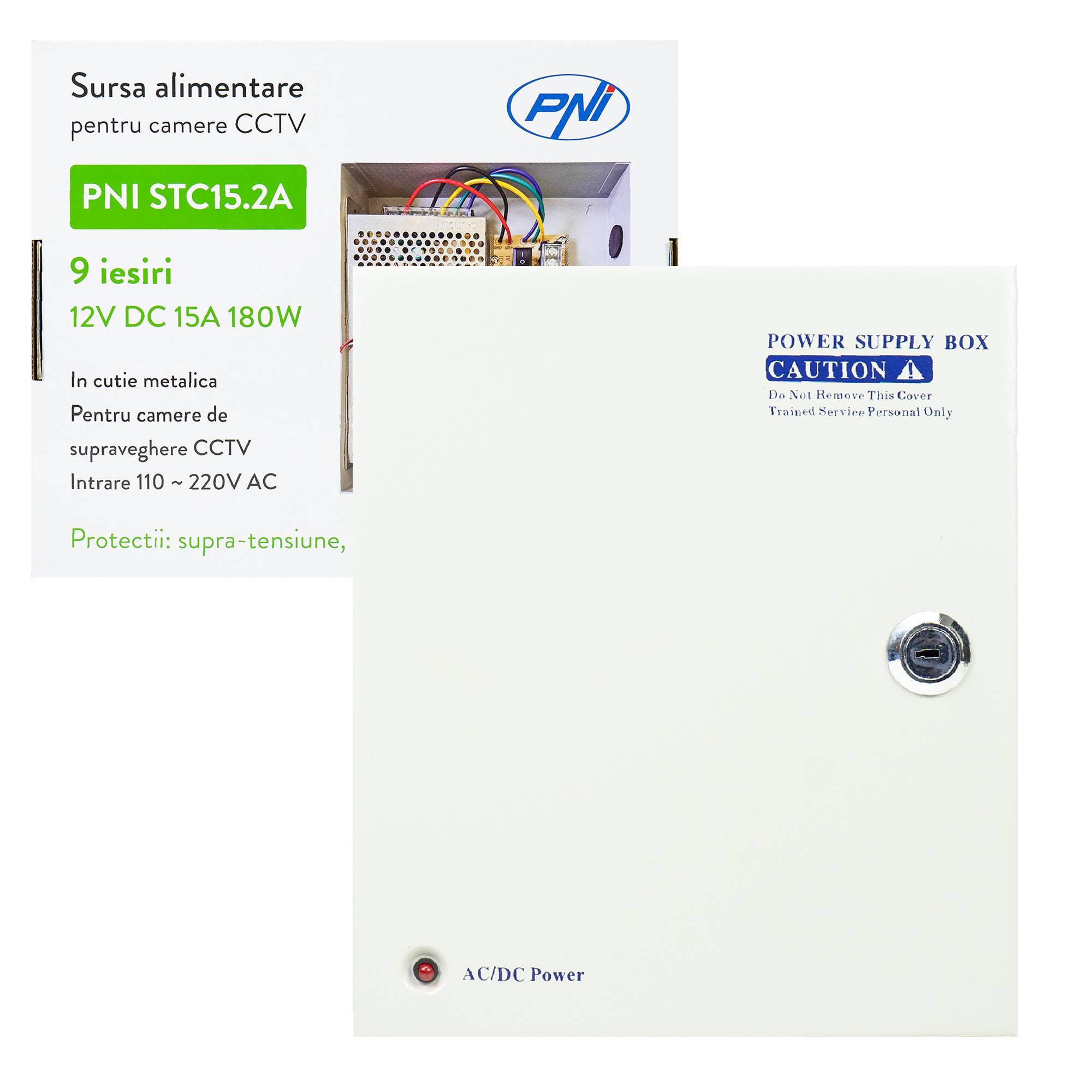 CCTV-Netzteil PNI STC15.2A in Metallbox, 12V 15A 180W, 9 Ausgänge