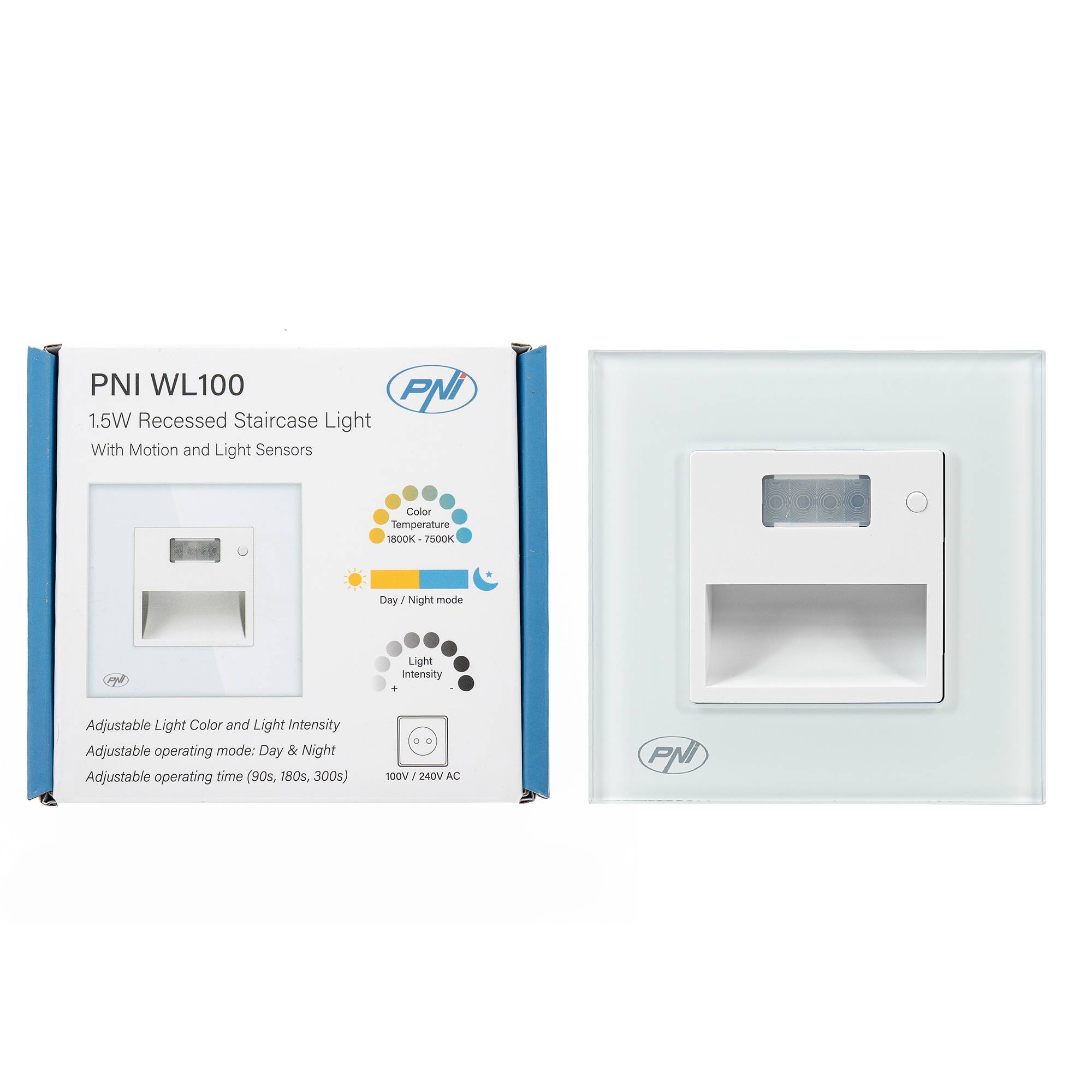 PNI WL100 LED-Lampe für Treppenbeleuchtung, Einbaumontage, mit Bewegungssensor, Lichtsensor, einstellbarer Lichtfarbe, einstellbarer Lichtintensität