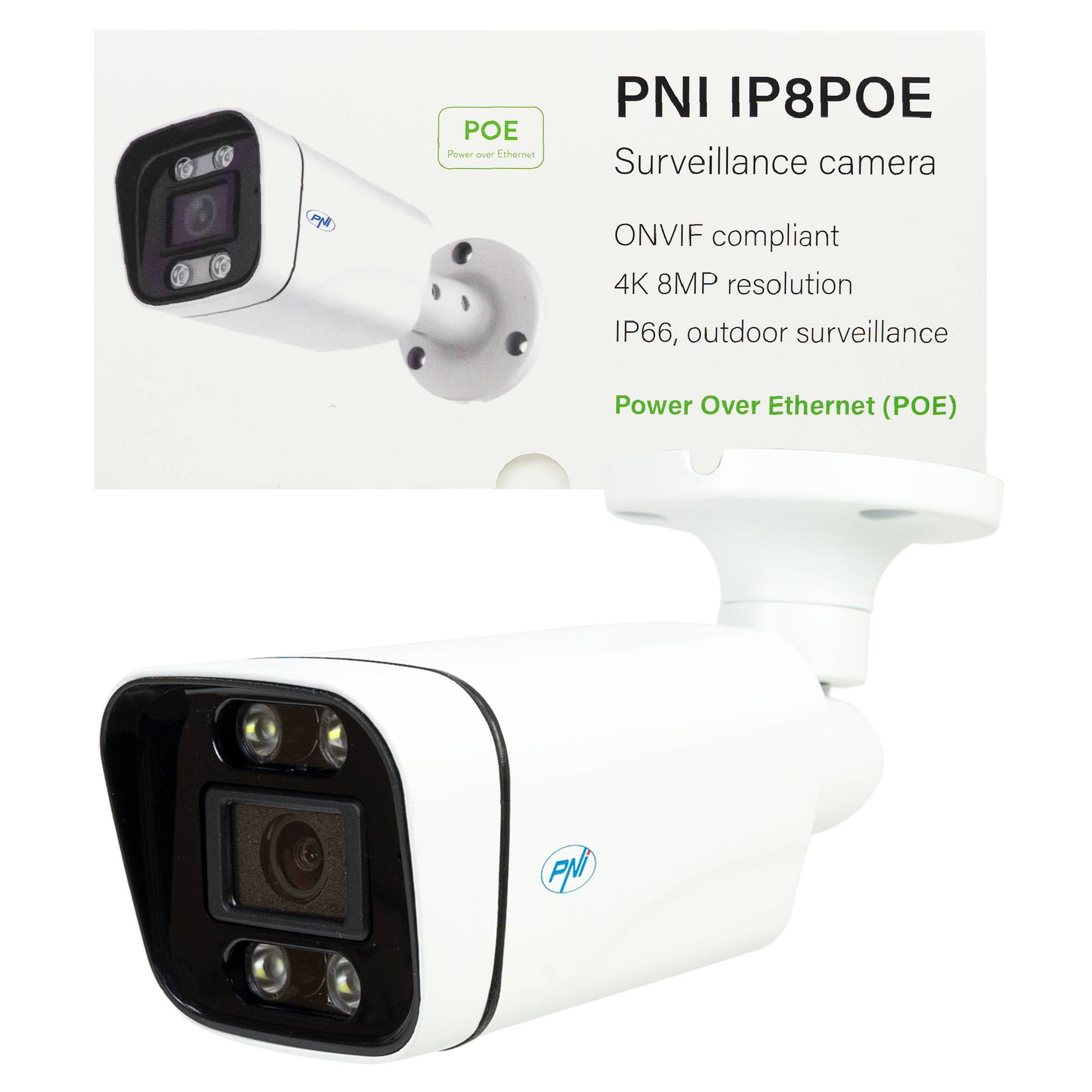 PNI IP8POE 8MP, 4K, D-WDR, 4,0 mm, 6 LEDs, IP66, integriertes Mikrofon und Lautsprecher, weiß