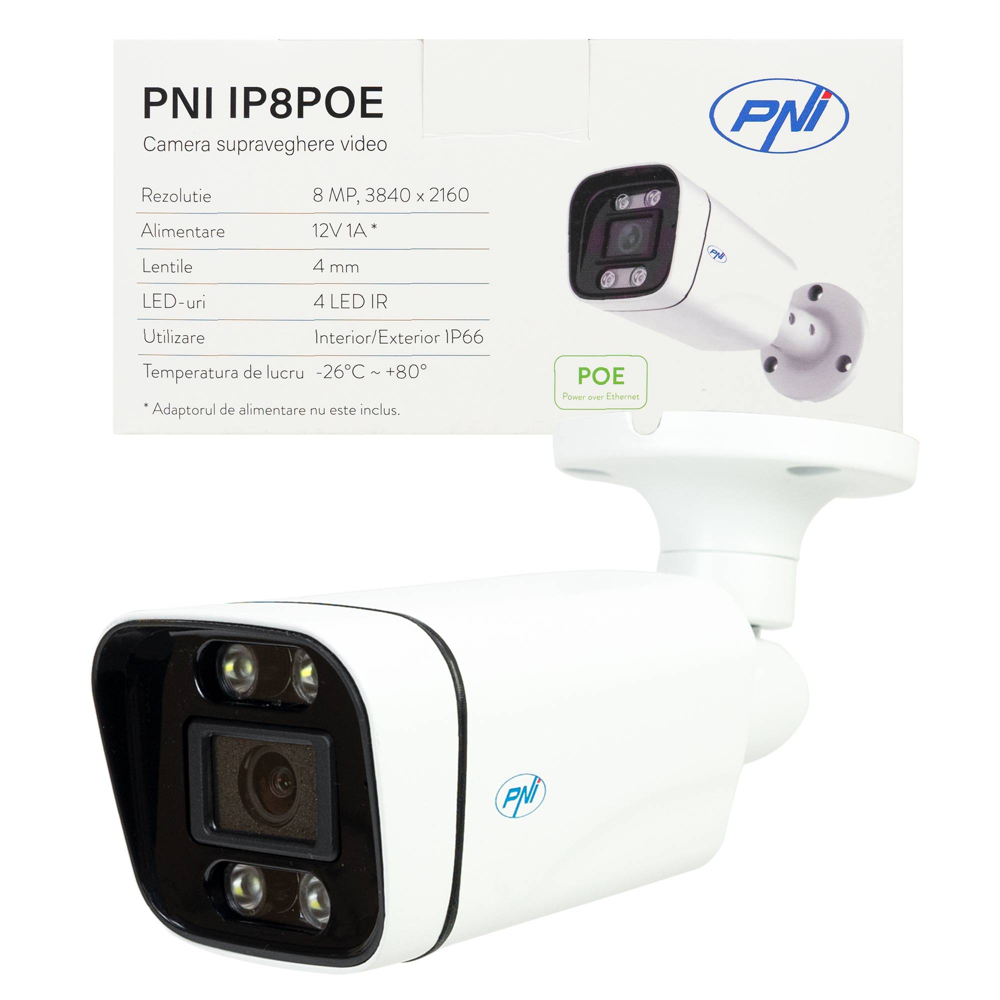 PNI IP8POE 8MP, 4K, D-WDR, 4,0 mm, 6 LEDs, IP66, integriertes Mikrofon und Lautsprecher, weiß
