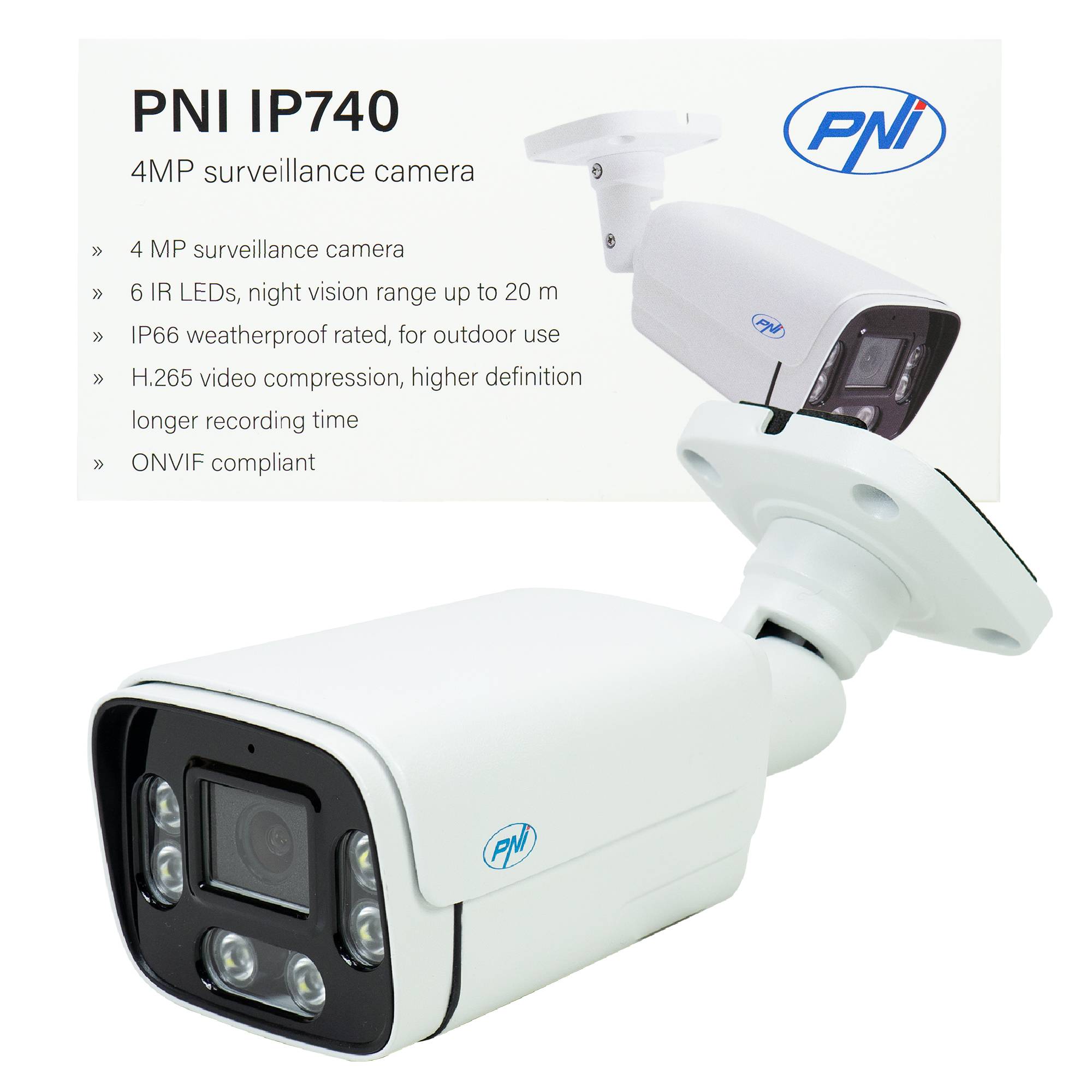 PNI IP740 4MP Videoüberwachungskamera, 6 IR-LEDs, IP66, weiß, sowohl mit NVR als auch Standalone 4MP 2560 x 1440 px Auflösung über HiAi APP oder