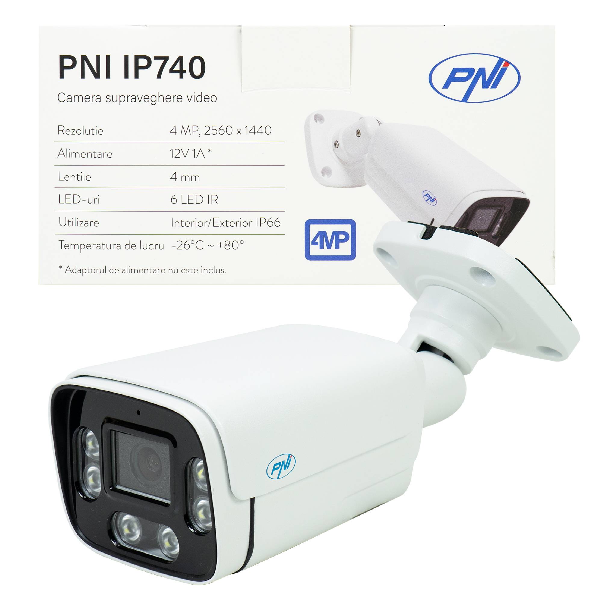PNI IP740 4MP Videoüberwachungskamera, 6 IR-LEDs, IP66, weiß, sowohl mit NVR als auch Standalone 4MP 2560 x 1440 px Auflösung über HiAi APP oder