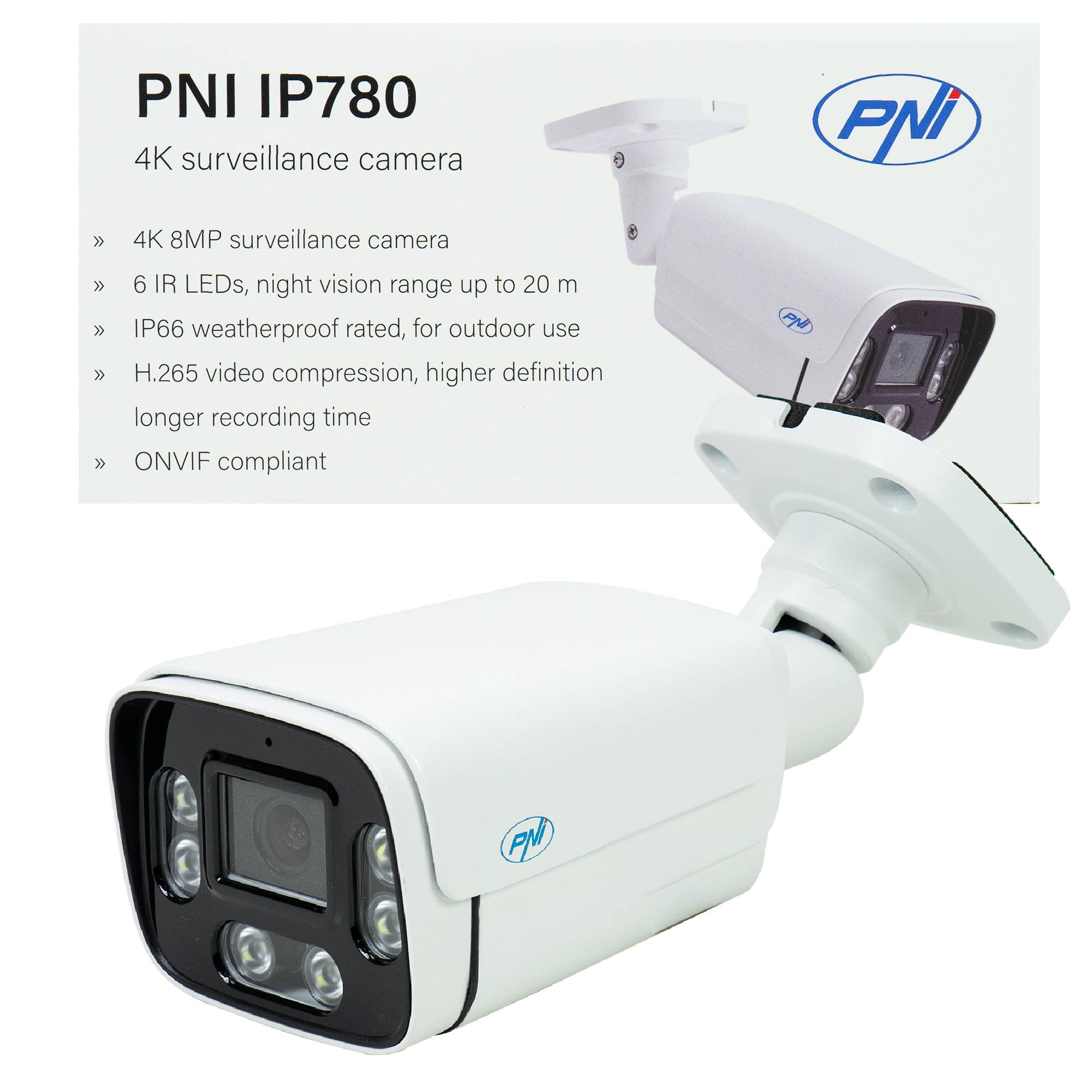 PNI IP780 Videoüberwachungskamera, 8 MP, 4K, IP, 6 IR-LEDs, IP66, weiß