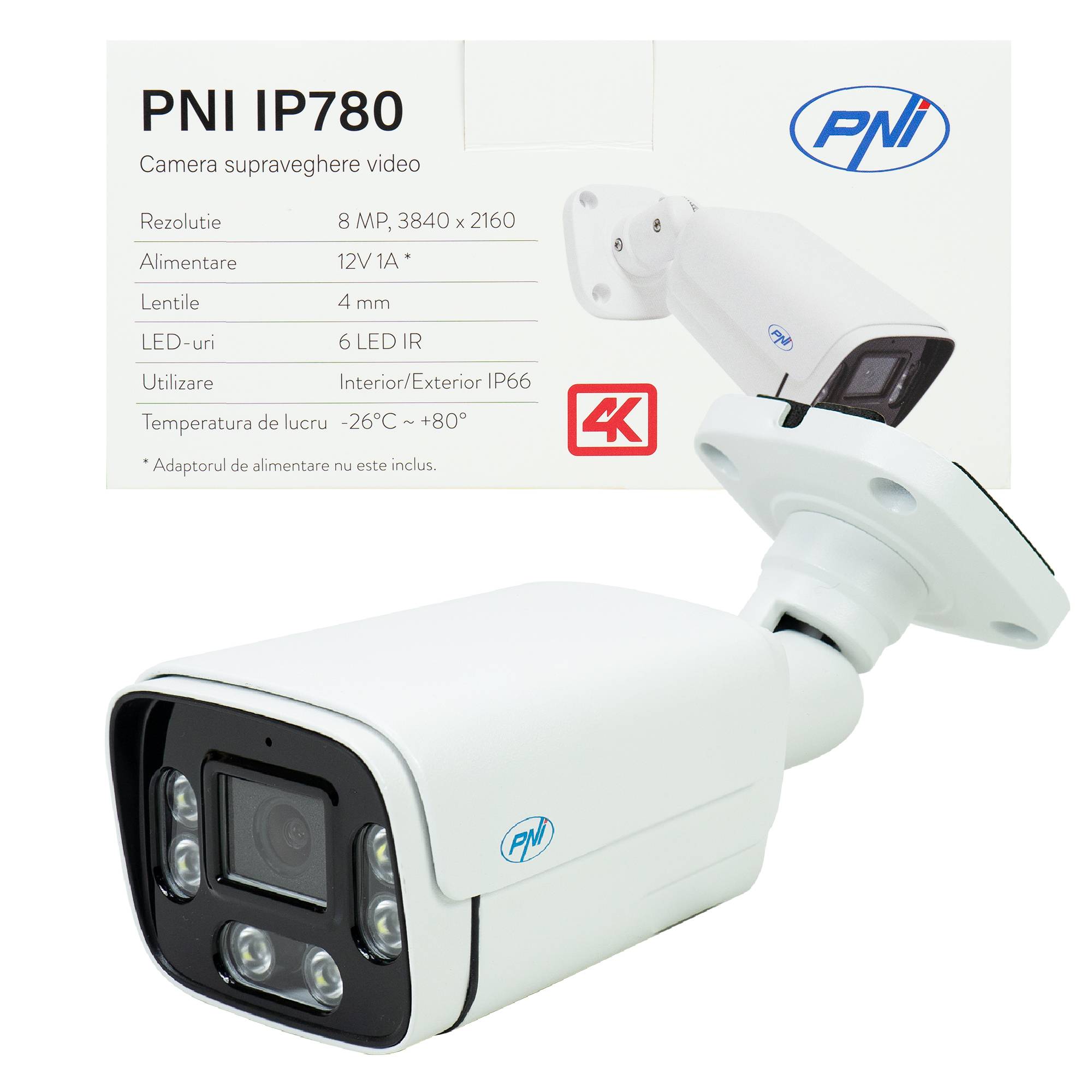 PNI IP780 Videoüberwachungskamera, 8 MP, 4K, IP, 6 IR-LEDs, IP66, weiß