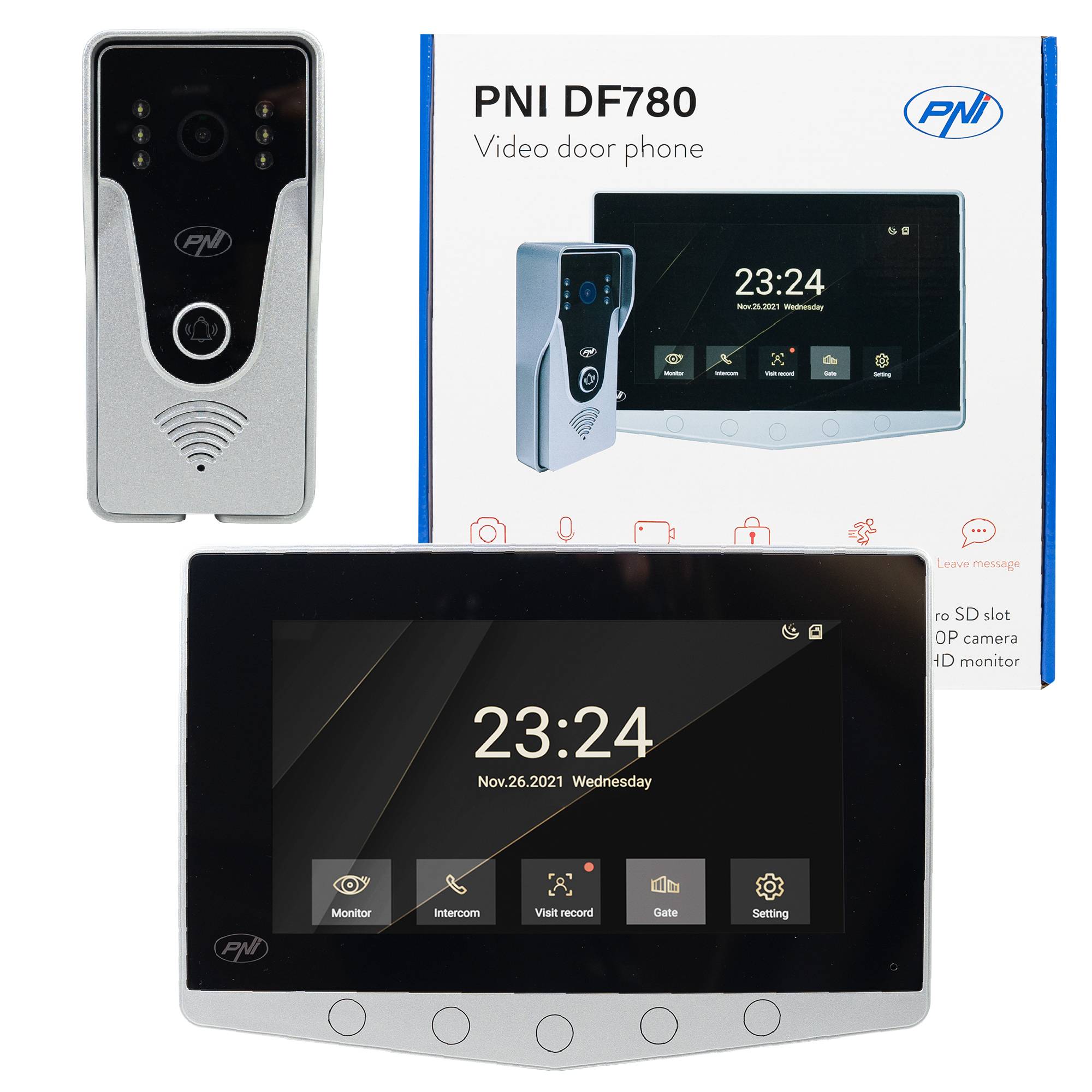PNI DF780 Video-Gegensprechanlage mit 1 Monitor, 7 Zoll 1080p-Bildschirm, Kartensteckplatz, IP65, 2 Türsteuerung, Ereignisbewegungsaufzeichnung