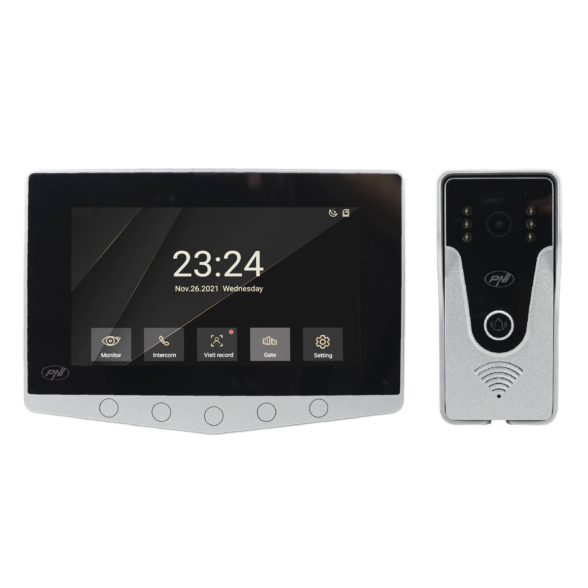 PNI DF780 Video-Gegensprechanlage mit 1 Monitor, 7 Zoll 1080p-Bildschirm, Kartensteckplatz, IP65, 2 Türsteuerung, Ereignisbewegungsaufzeichnung