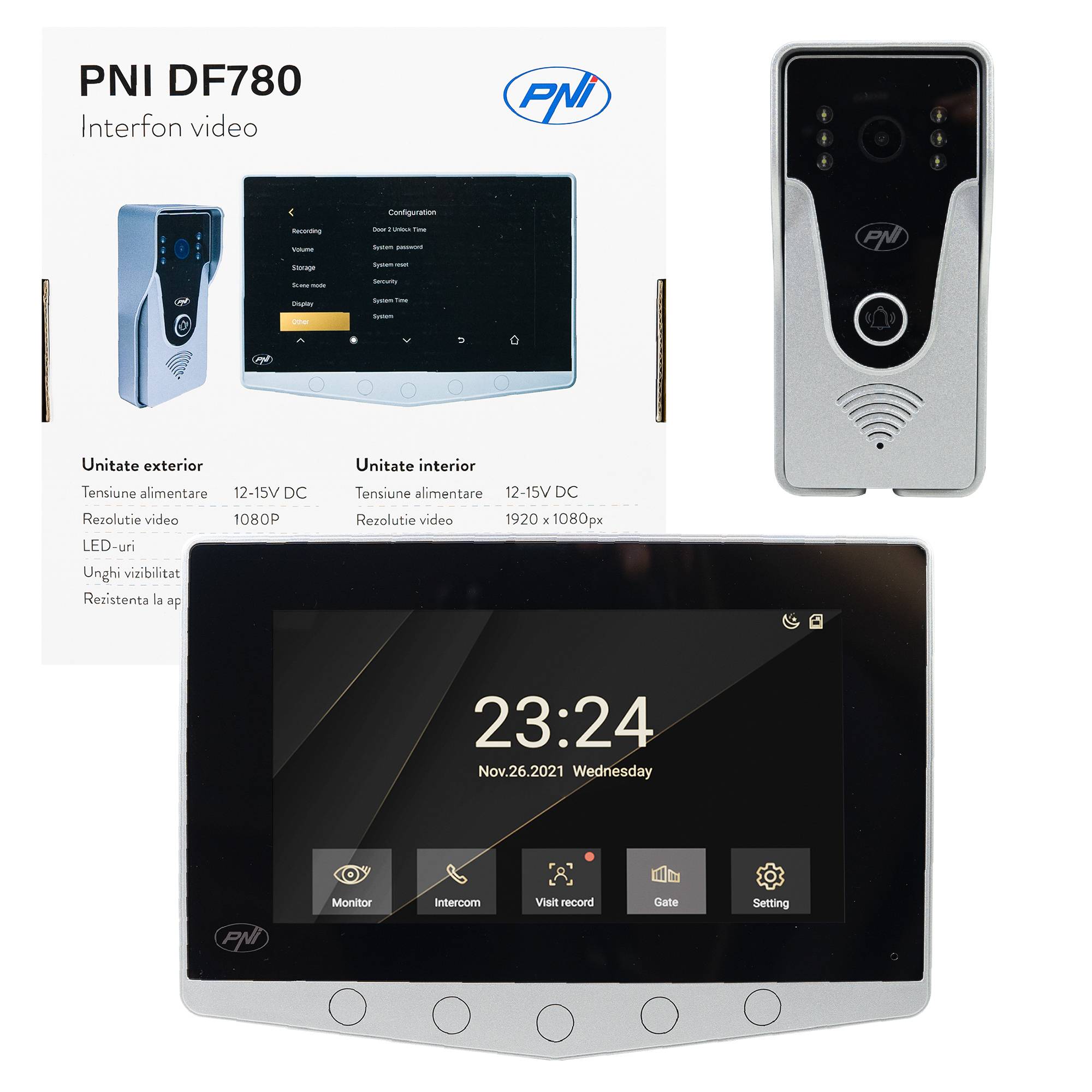 PNI DF780 Video-Gegensprechanlage mit 1 Monitor, 7 Zoll 1080p-Bildschirm, Kartensteckplatz, IP65, 2 Türsteuerung, Ereignisbewegungsaufzeichnung