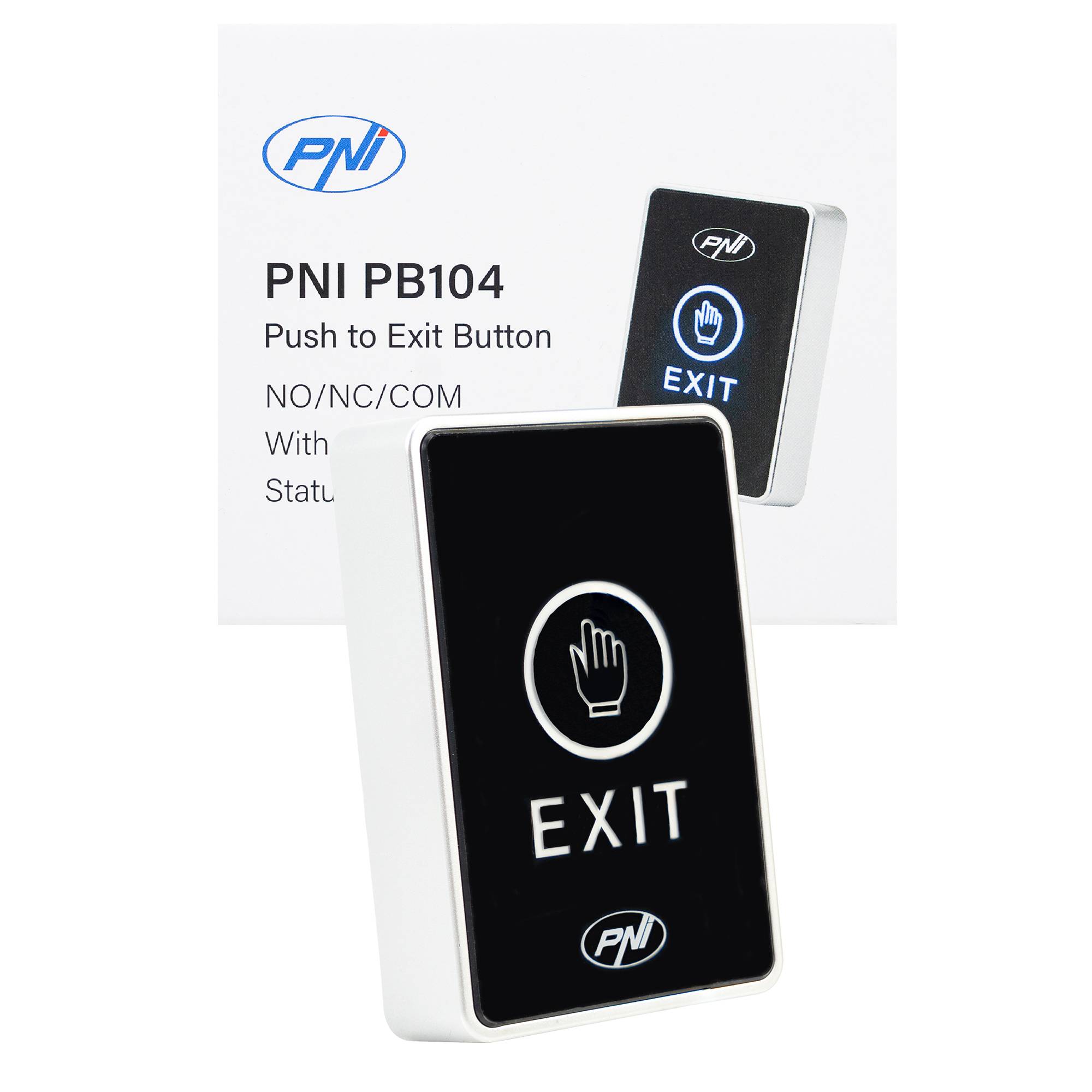 PNI PB104 Zugangsschalter, mit Touch, Oberflächenmontage, NO/NC/COM, 12V/24V DC, Status-LED, metallisch, 5 Drähte, IP65