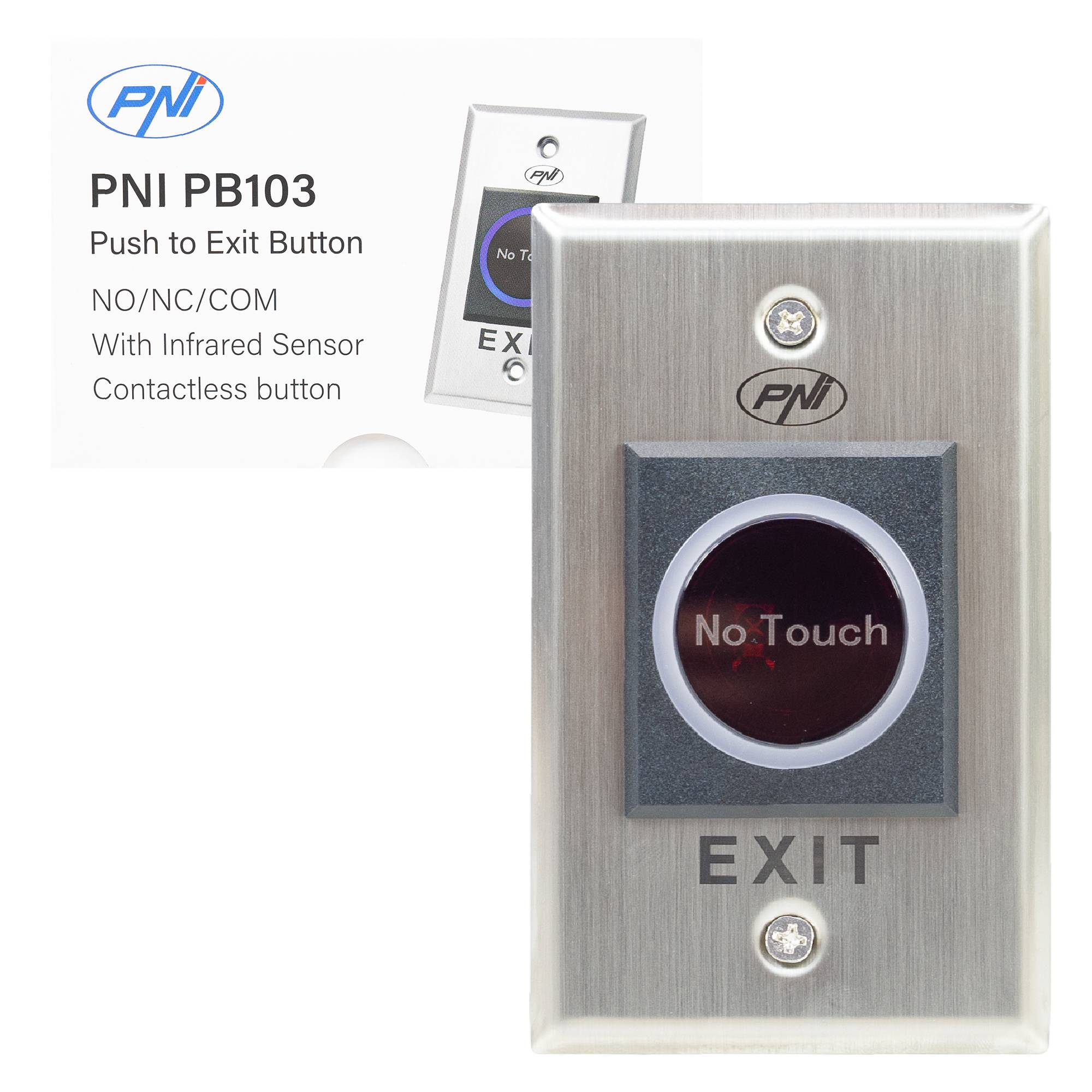 Einbau-Zugangsschalter PNI PB103, berührungslos, NO/NC/COM, 12 V/24 V DC, Status-LED, metallisch, 5 Drähte