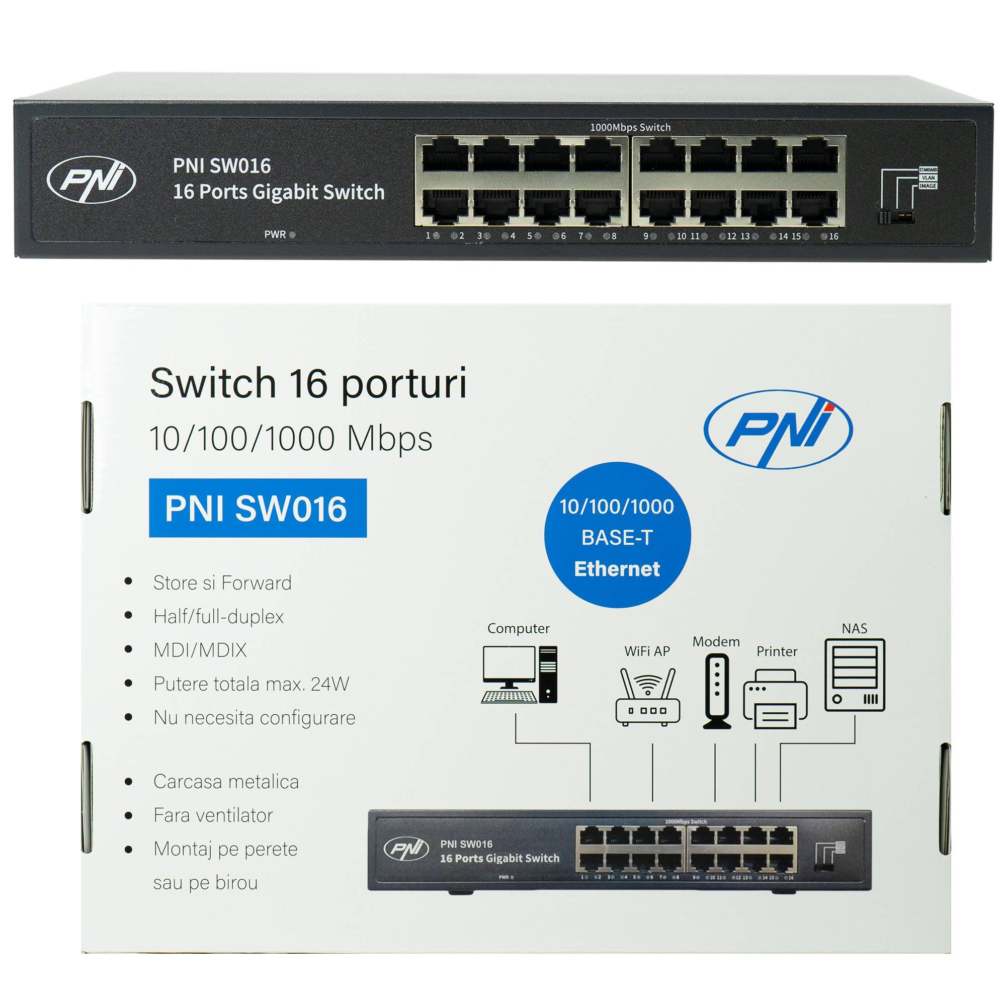 Switch PNI SW016, 16 x 10/100/1000 Mbit/s, Gigabit, Metallgehäuse