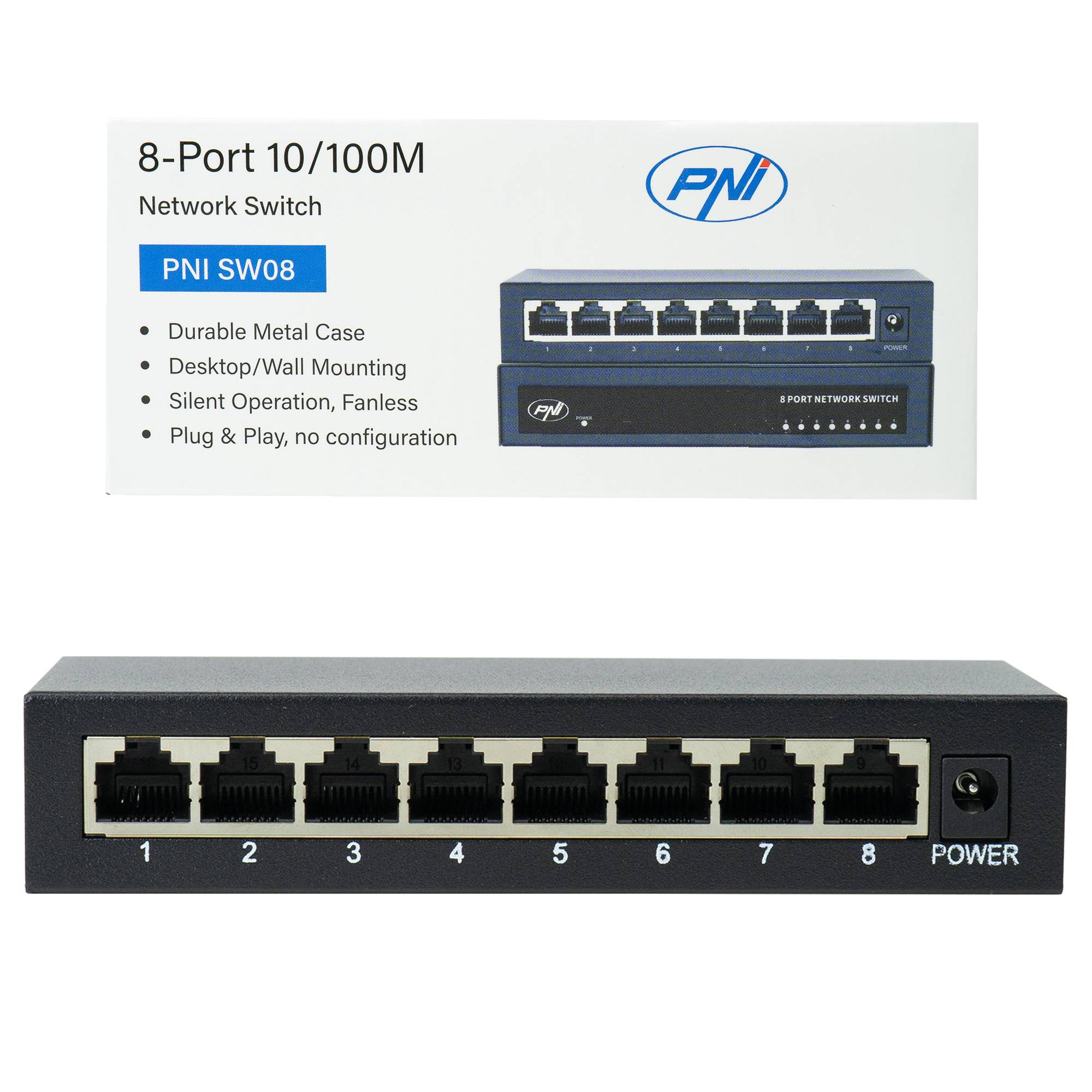 Schalter PNI SW08 mit 8 Ports 10/100Mbps Metallgehäuse