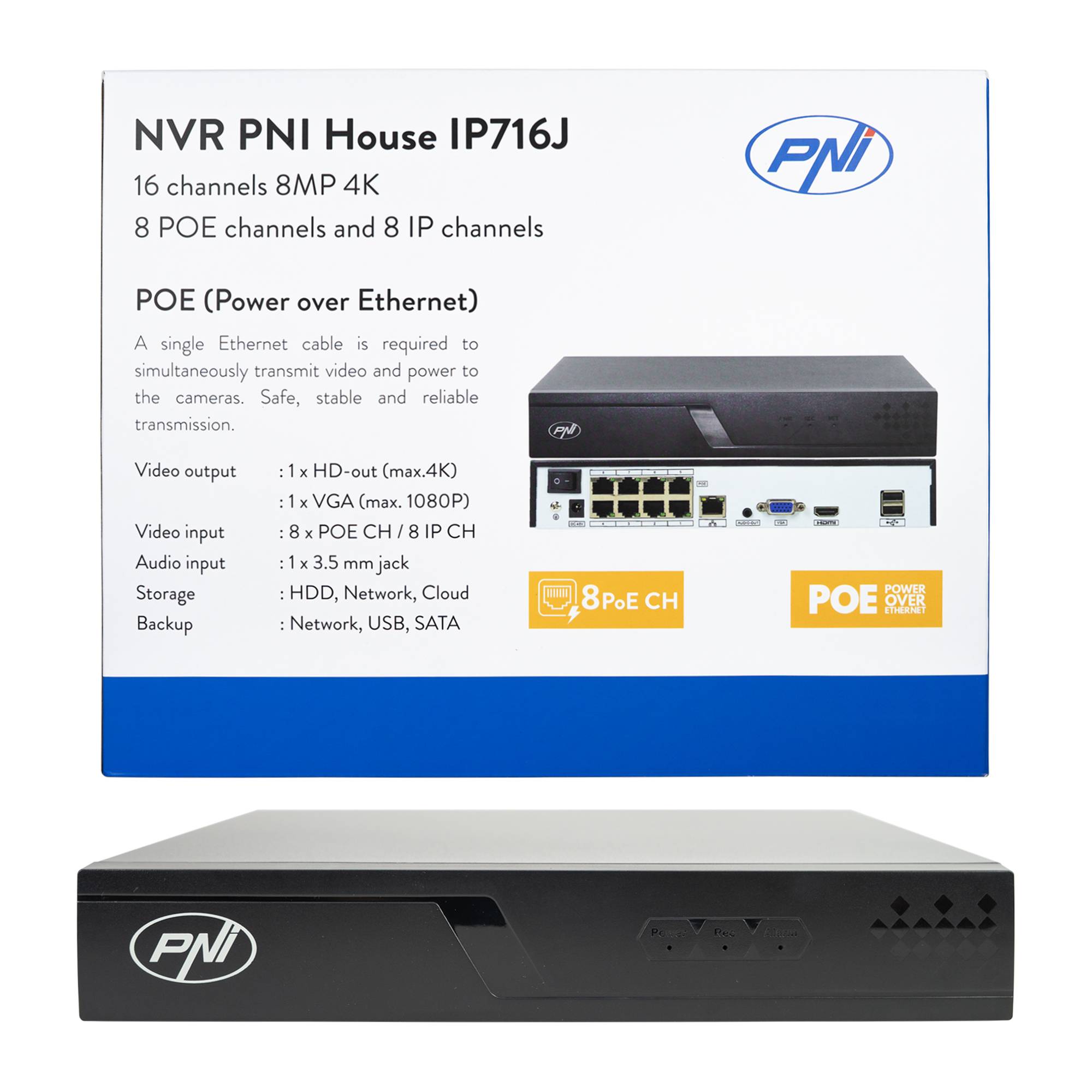 NVR POE PNI House IP716J 16 Kanäle 4K 8MP, 8 POE-Kanäle und 8 IP-Kanäle mit PNI POE-Switch oder normalem H.265