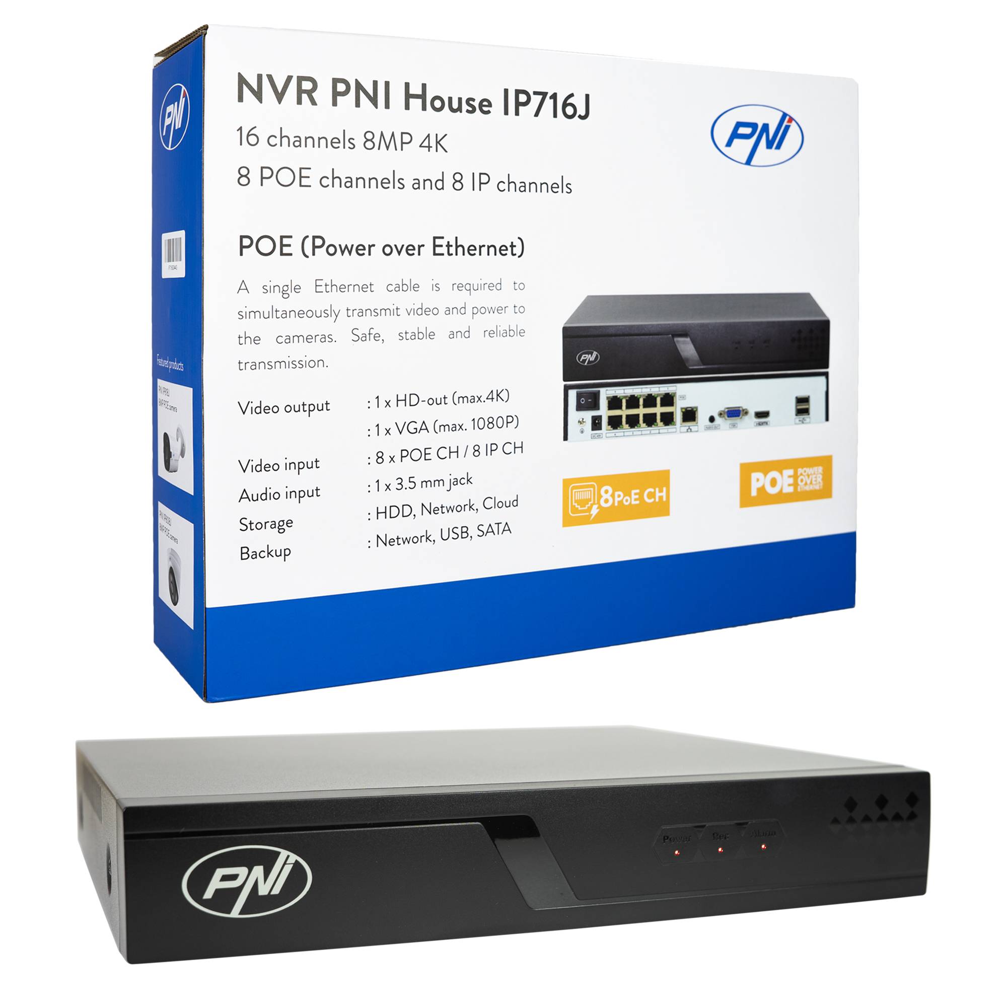 NVR POE PNI House IP716J 16 Kanäle 4K 8MP, 8 POE-Kanäle und 8 IP-Kanäle mit PNI POE-Switch oder normalem H.265