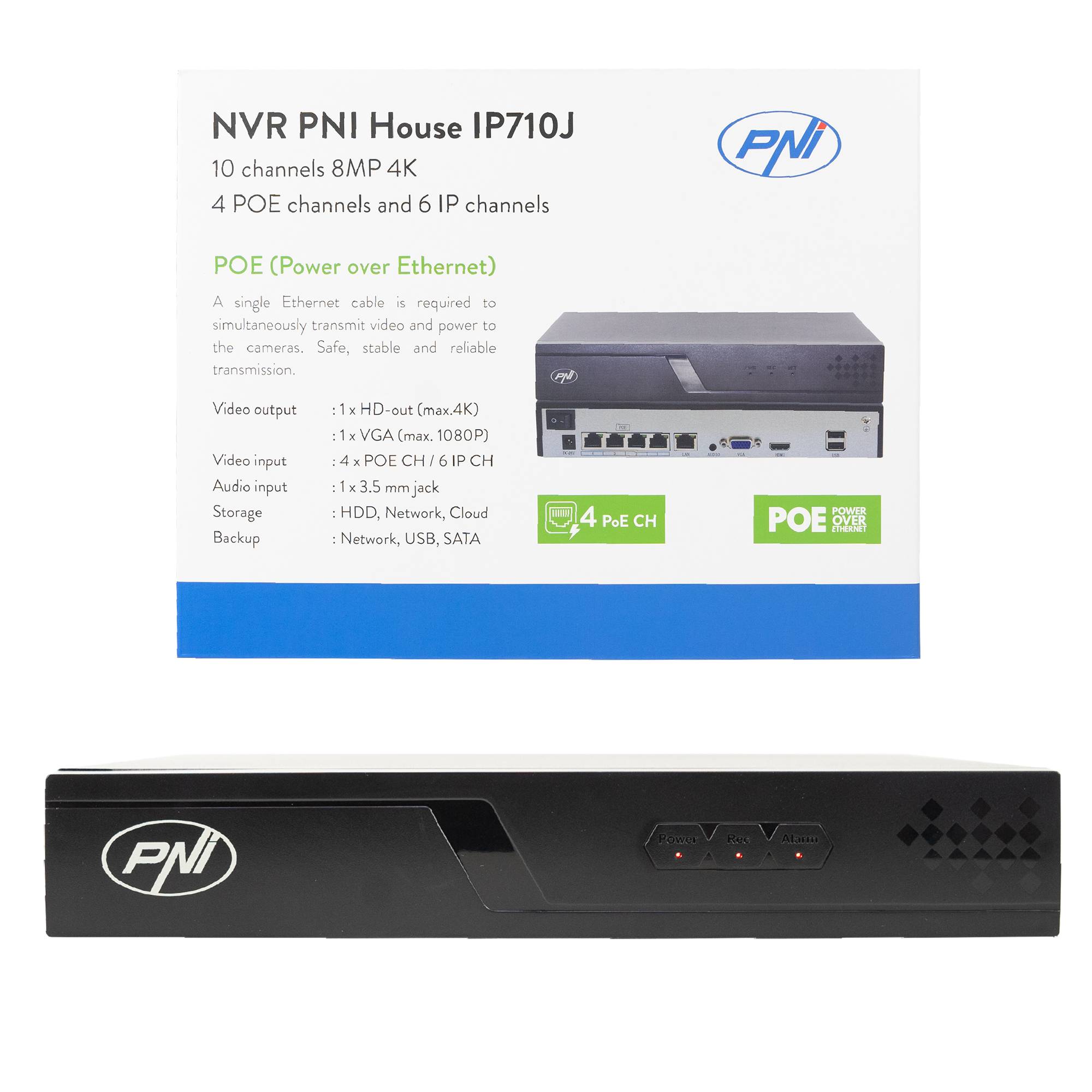 NVR POE PNI House IP710J, 10 Kanäle 4K 8MP, 4 Kanäle POE und 6 Kanäle IP mit Schalter PNI POE oder normales H.265
