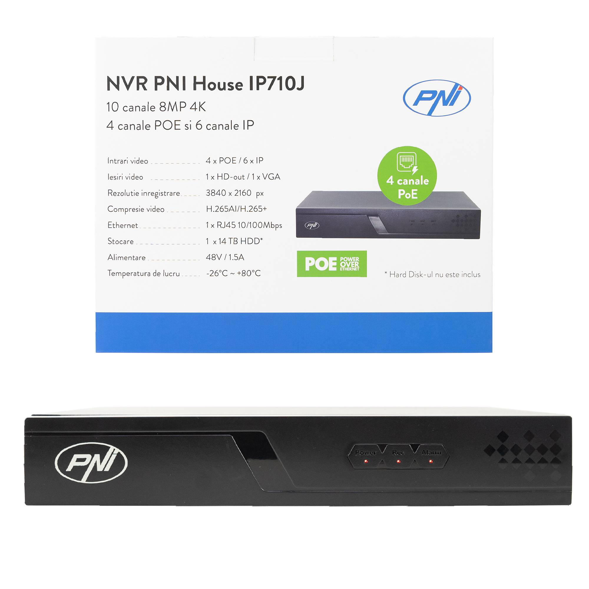 NVR POE PNI House IP710J, 10 Kanäle 4K 8MP, 4 Kanäle POE und 6 Kanäle IP mit Schalter PNI POE oder normales H.265