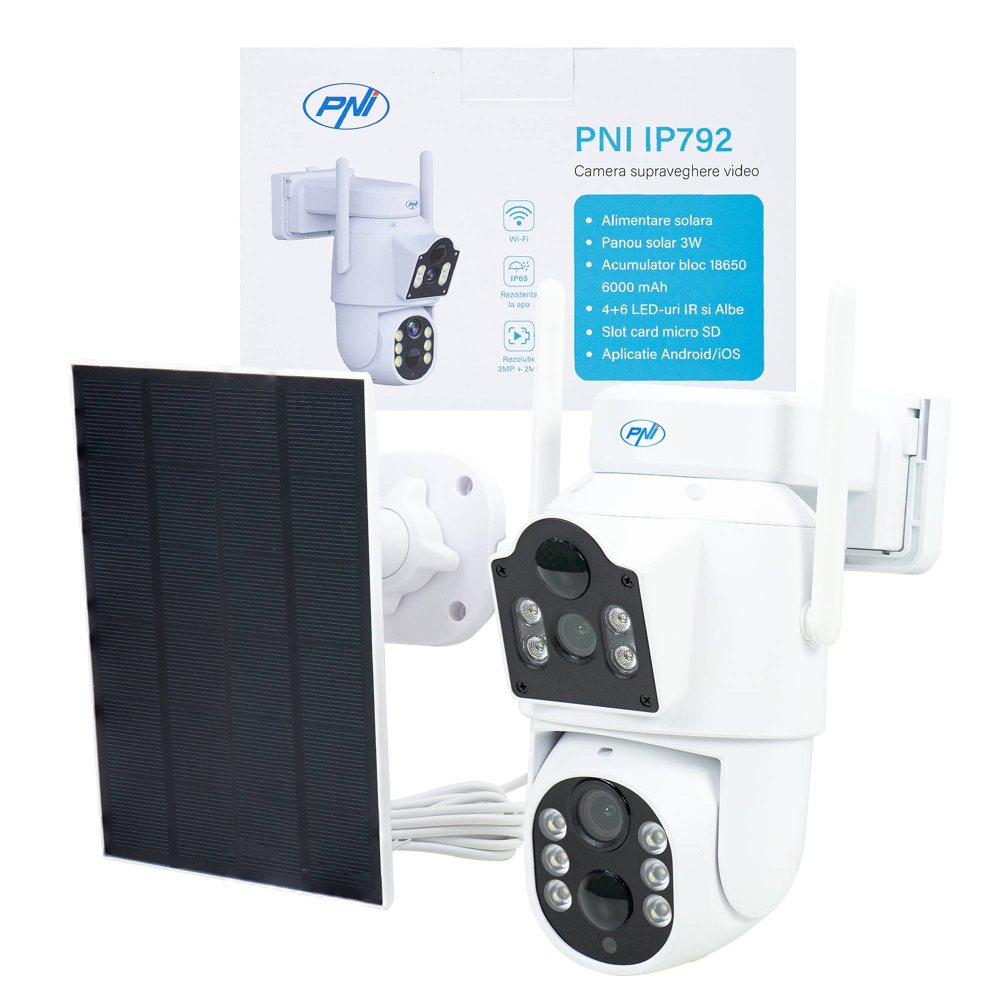 Videoüberwachungskamera PNI IP792, Doppelobjektiv 2 MP + 2 MP, Solarpanel 3 W, integrierter 6000-mAh-Akku, Bewegungserkennung