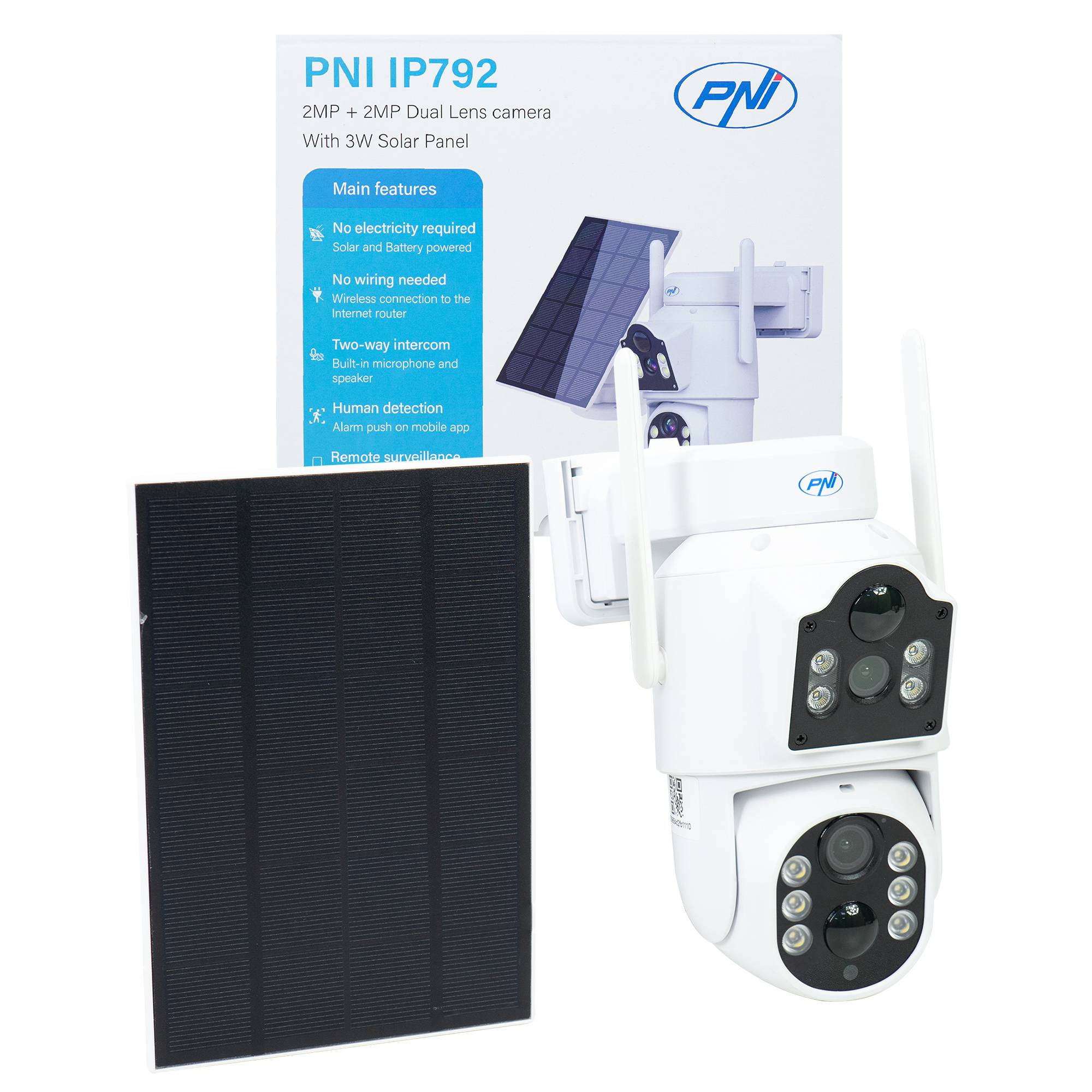 Videoüberwachungskamera PNI IP792, Doppelobjektiv 2 MP + 2 MP, Solarpanel 3 W, integrierter 6000-mAh-Akku, Bewegungserkennung