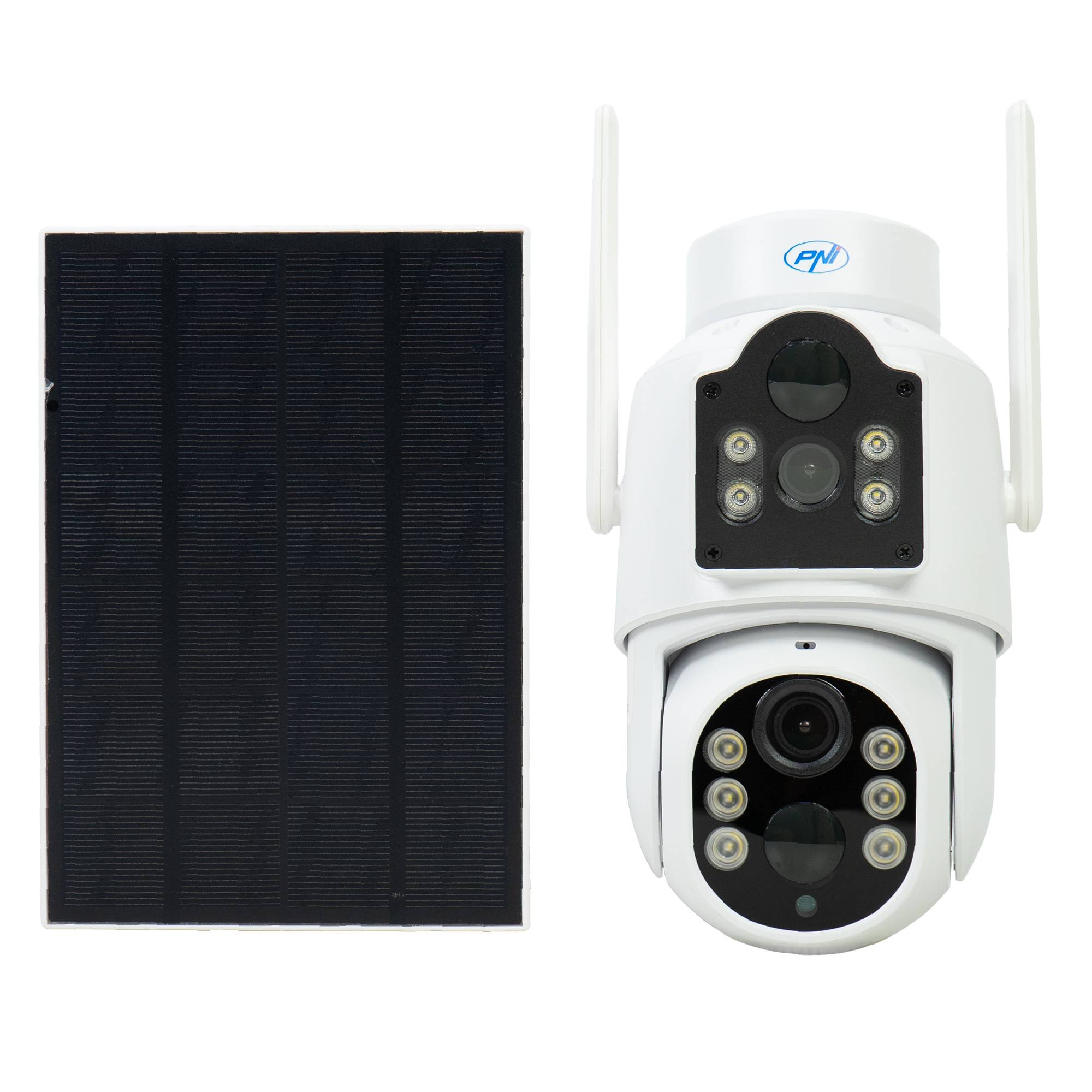 Videoüberwachungskamera PNI IP792, Doppelobjektiv 2 MP + 2 MP, Solarpanel 3 W, integrierter 6000-mAh-Akku, Bewegungserkennung