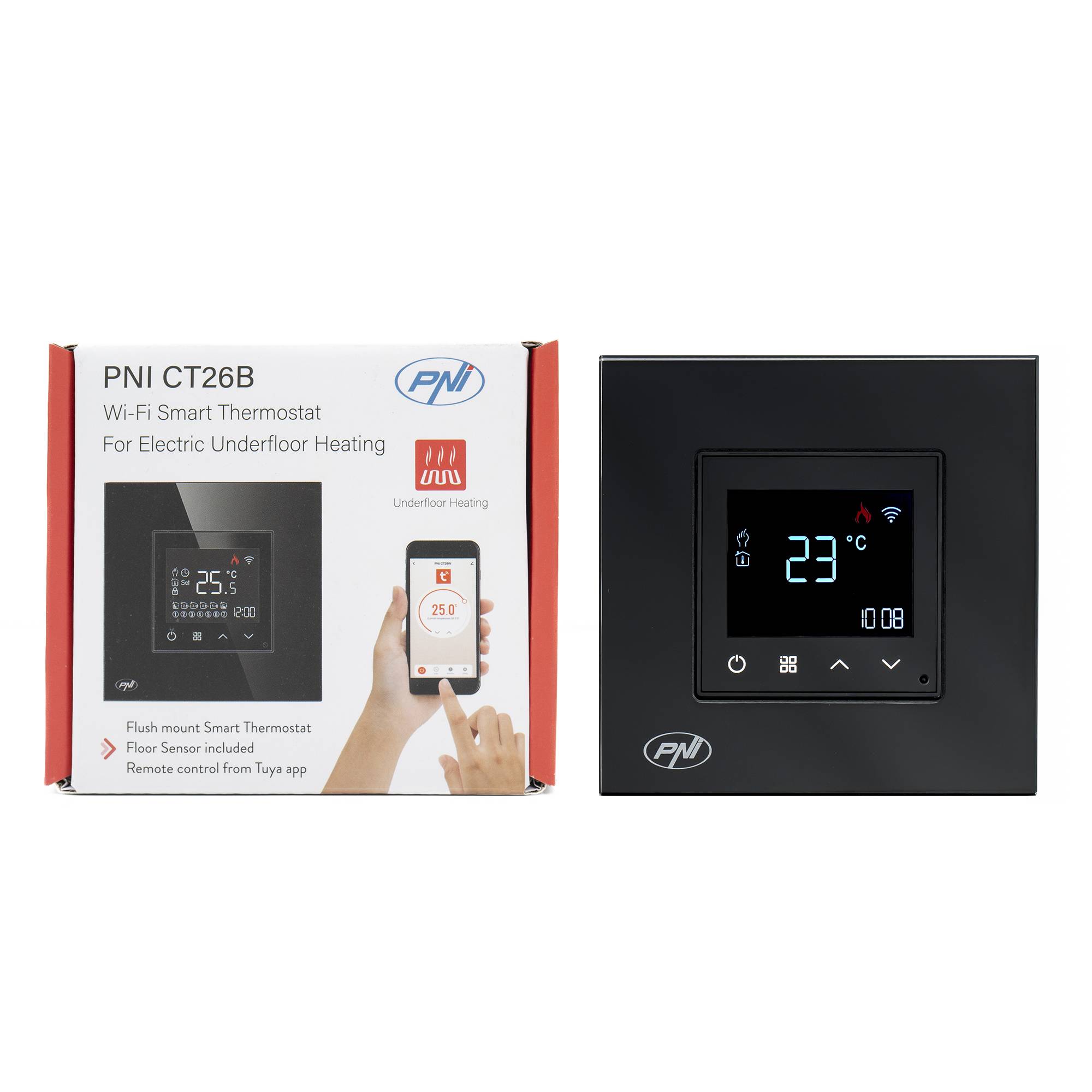 Smart-Thermostat PNI CT26B WiFi für elektrische Fußbodenheizung oder Pumpengruppe, inklusive Bodensensor, 10 A, Einbaumontage, Steuerung über die