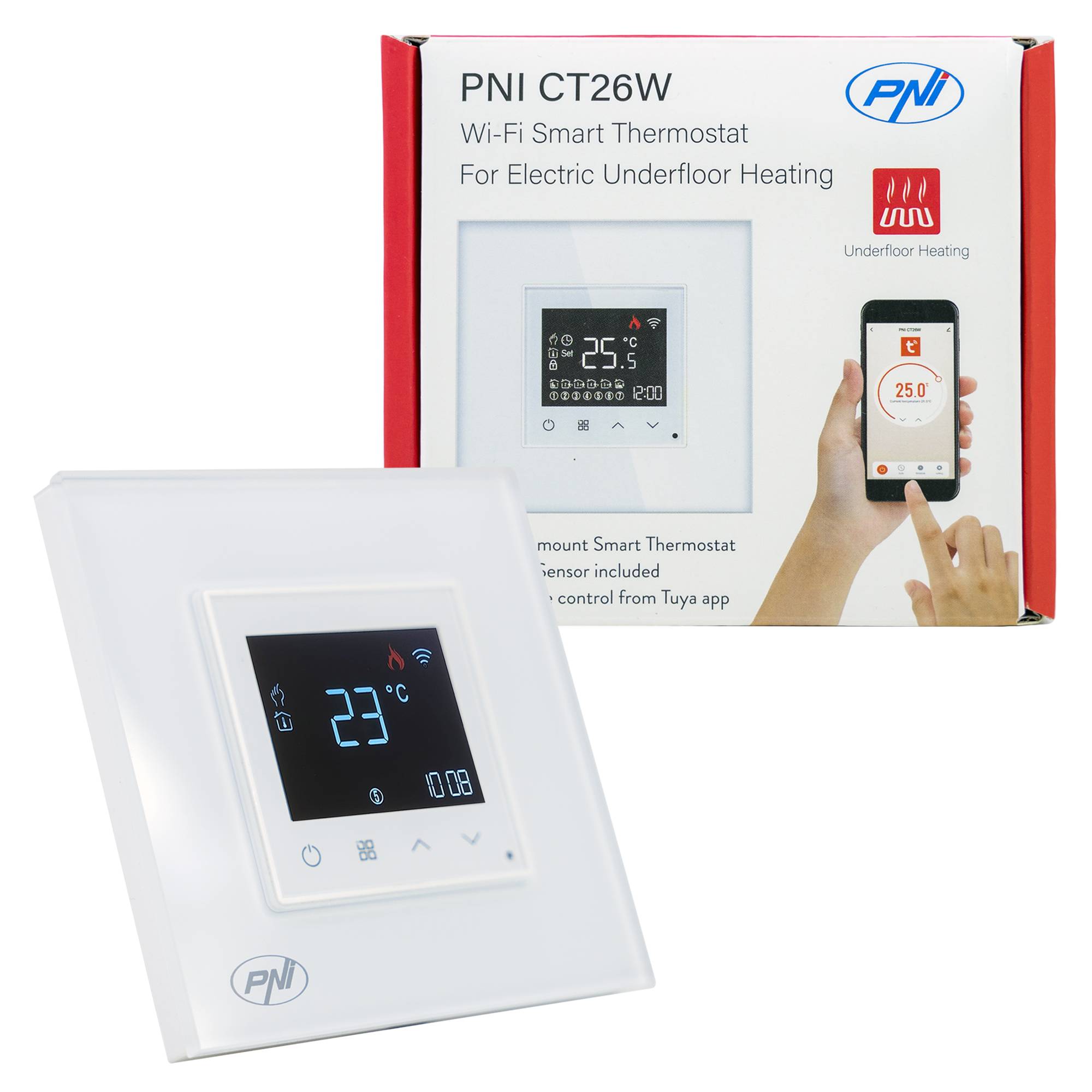 Smart-Thermostat PNI CT26W WiFi für elektrische Fußbodenheizung oder Pumpengruppe, inklusive Bodensensor, Einbaumontage, Steuerung über die Tuya Sm