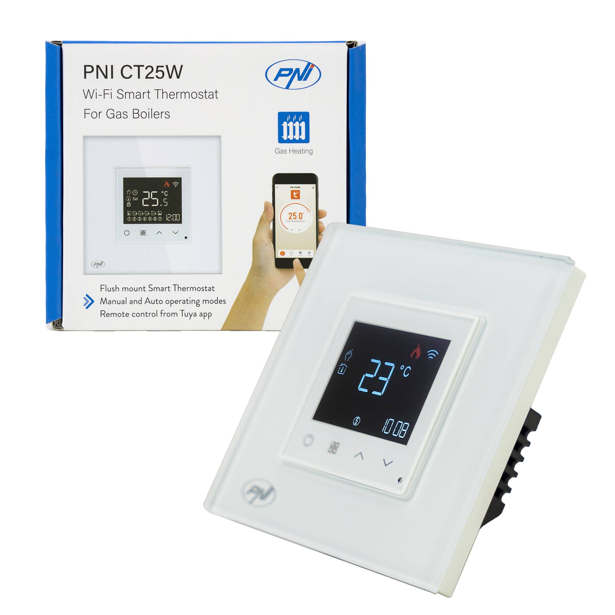 Smart-Thermostat PNI CT25W WiFi für Gasheizkraftwerke, Einbaumontage, 16 A, Steuerung über die Tuya Smart-Anwendung, tägliche Programmierung, manue