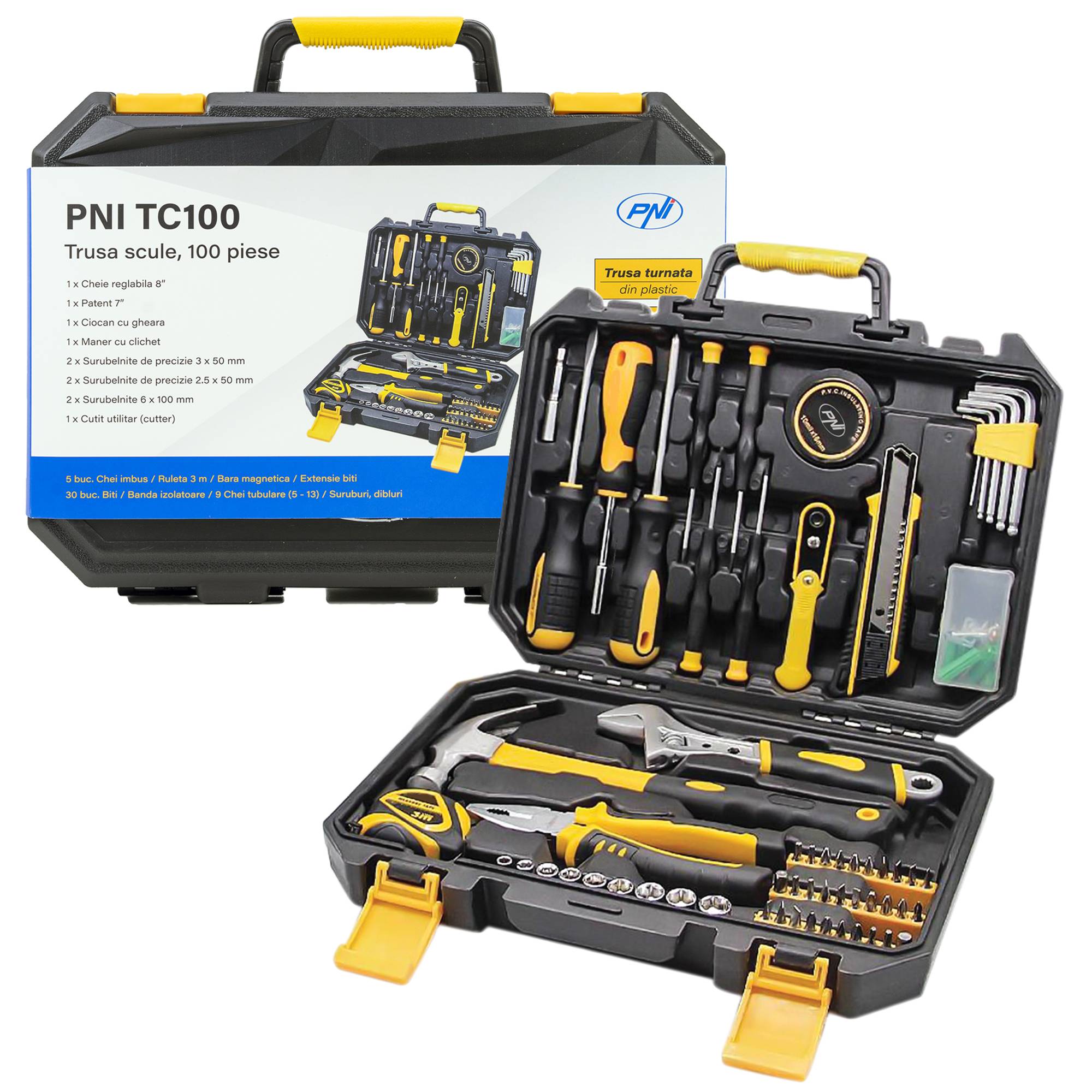 PNI TC100 Handwerkzeugsatz 100-teilig, Material Kohlenstoffstahl und Chrom-Vanadium, Kunststoffbox
