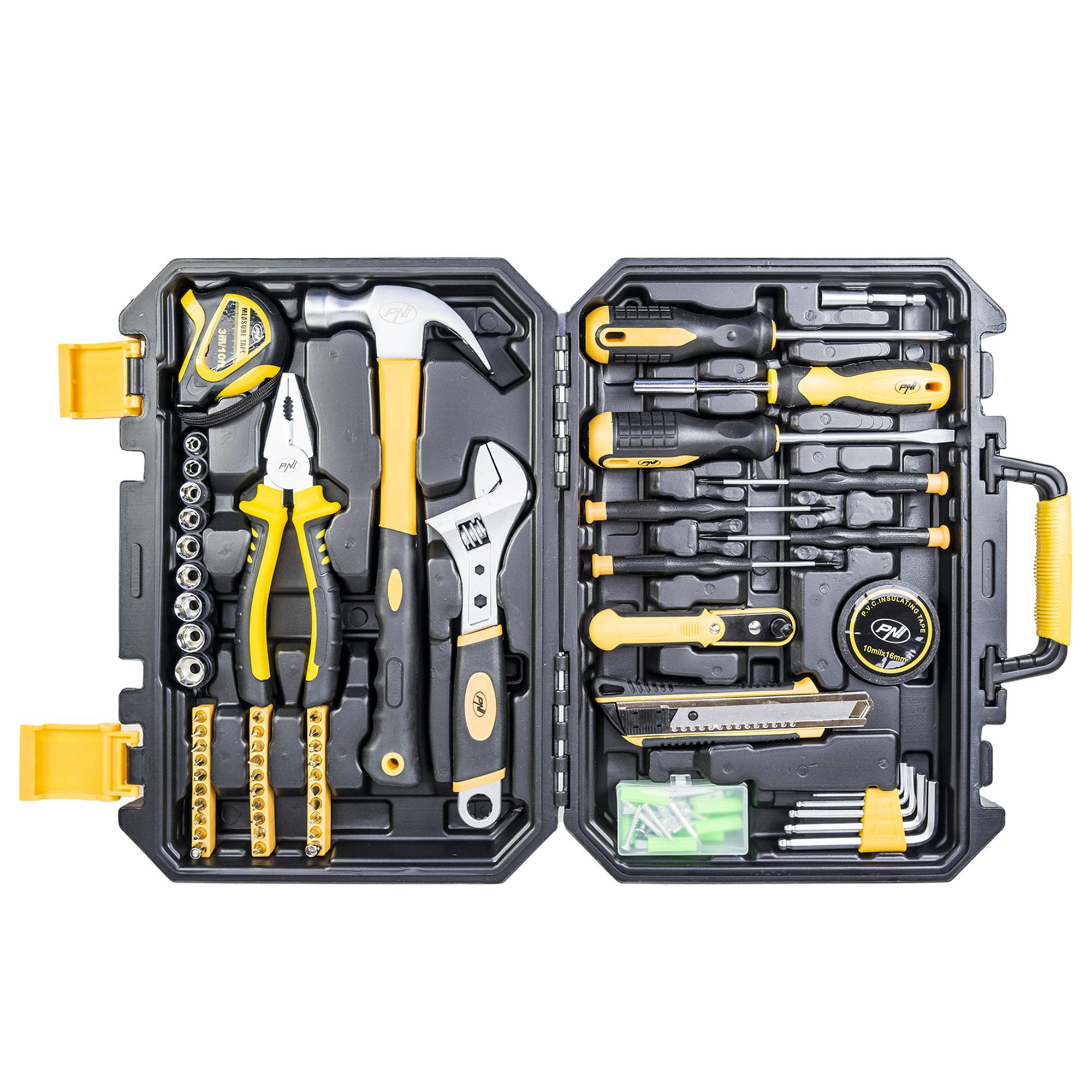 PNI TC100 Handwerkzeugsatz 100-teilig, Material Kohlenstoffstahl und Chrom-Vanadium, Kunststoffbox