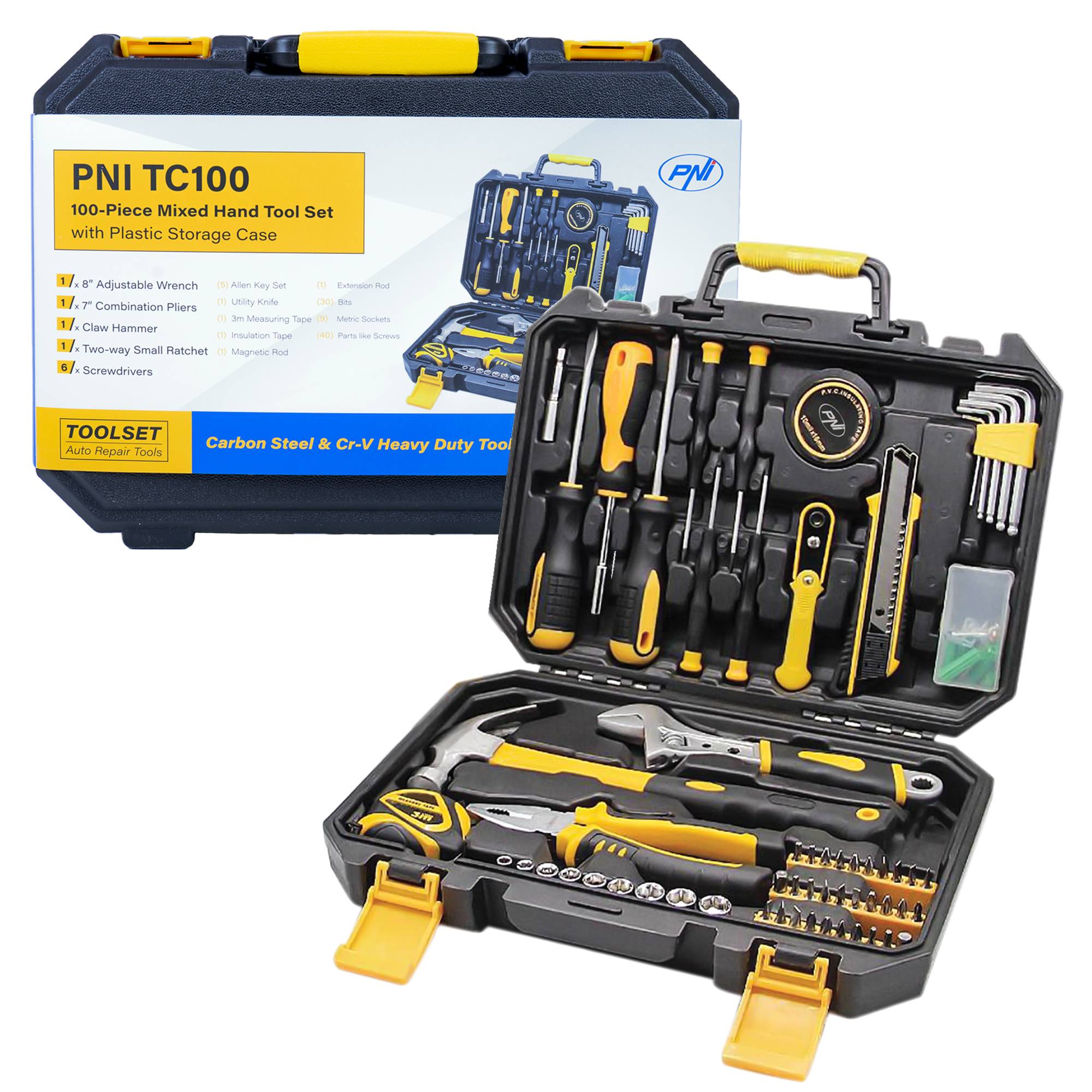 PNI TC100 Handwerkzeugsatz 100-teilig, Material Kohlenstoffstahl und Chrom-Vanadium, Kunststoffbox