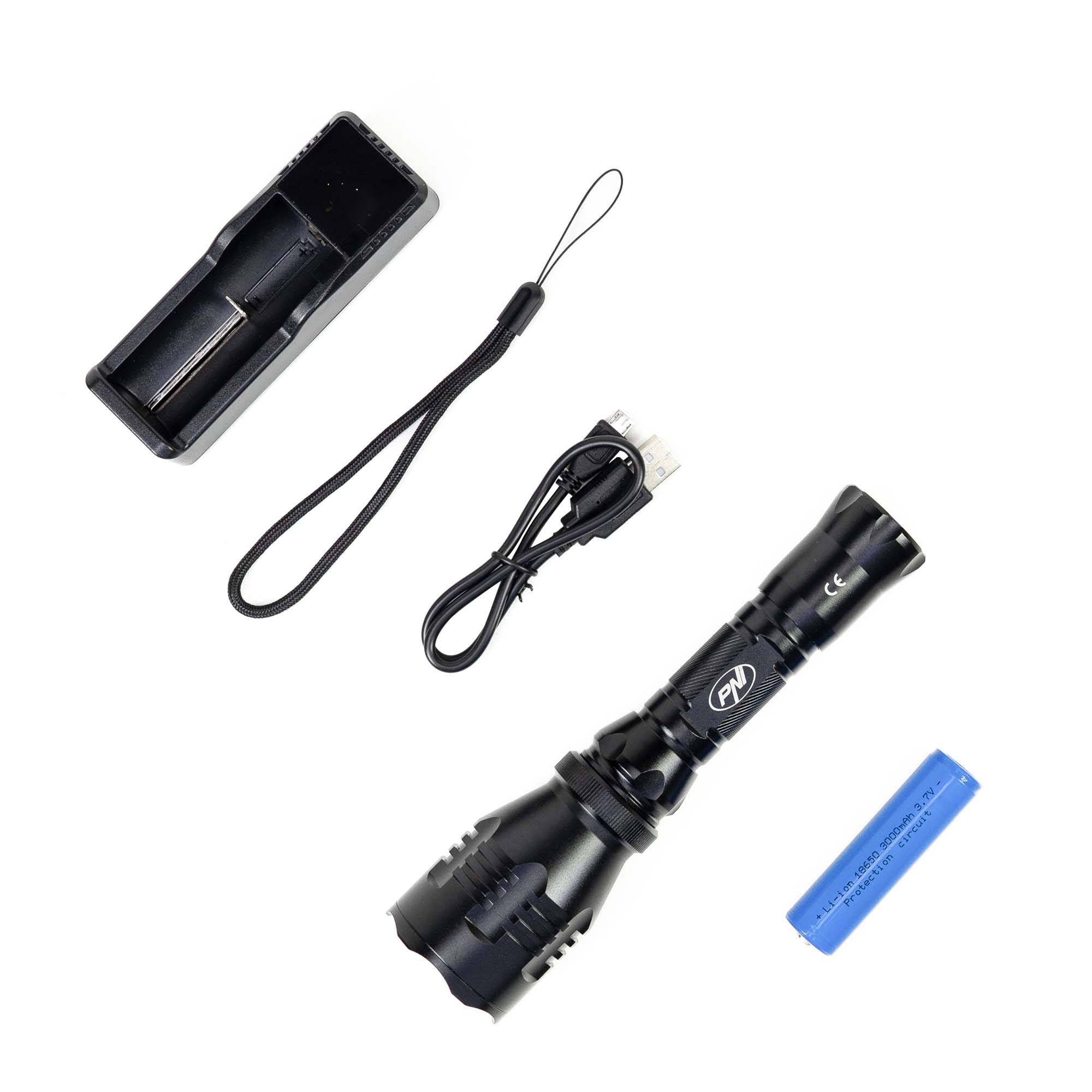 PNI Adventure FBW48 Taschenlampe mit LED, 750lm, Aluminium, 3000 mAh Akku, Reichweite 450 Meter, schwarz