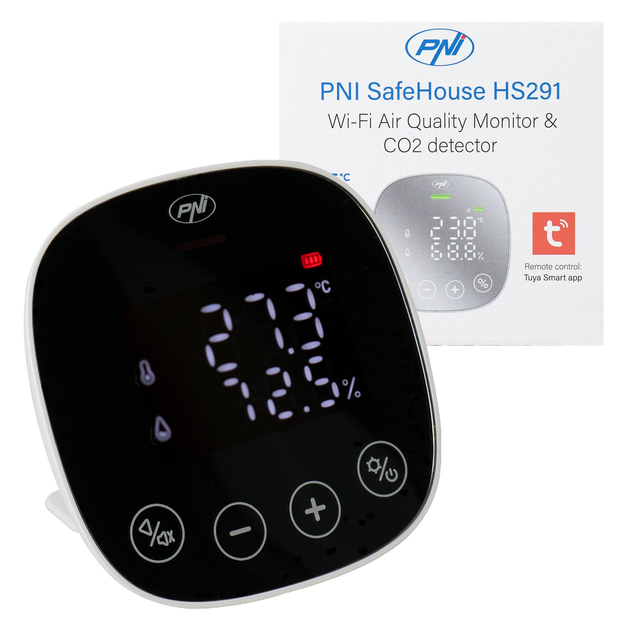 PNI SafeHouse HS291 Luftqualitäts- und Kohlendioxid (CO2)-Sensor mit WLAN, Steuerung über die Tuya Smart-Anwendung, CO2-Überwachung, Temperatur, Lu