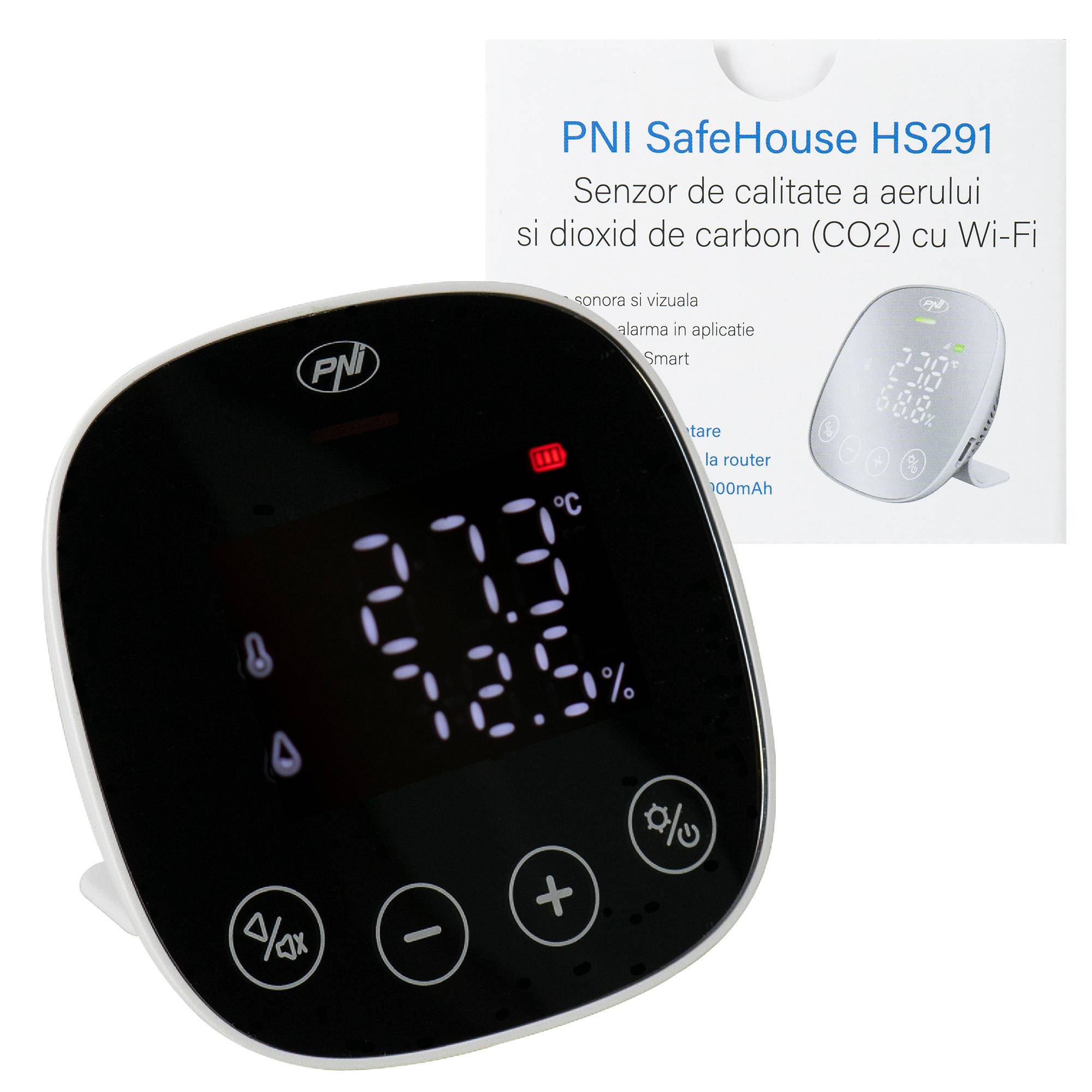 PNI SafeHouse HS291 Luftqualitäts- und Kohlendioxid (CO2)-Sensor mit WLAN, Steuerung über die Tuya Smart-Anwendung, CO2-Überwachung, Temperatur, Lu