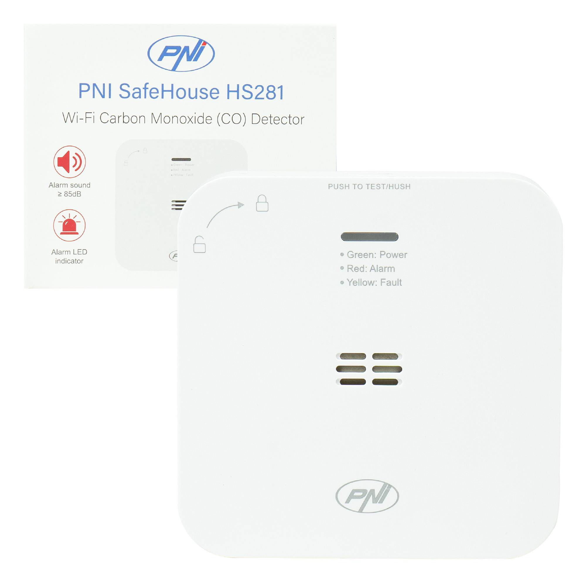 Kohlenmonoxid (CO)-Sensor PNI SafeHouse HS281 mit WLAN, Steuerung über die Tuya Smart App, AA-Batterie-Stromversorgung, 85 dB, akustischer und