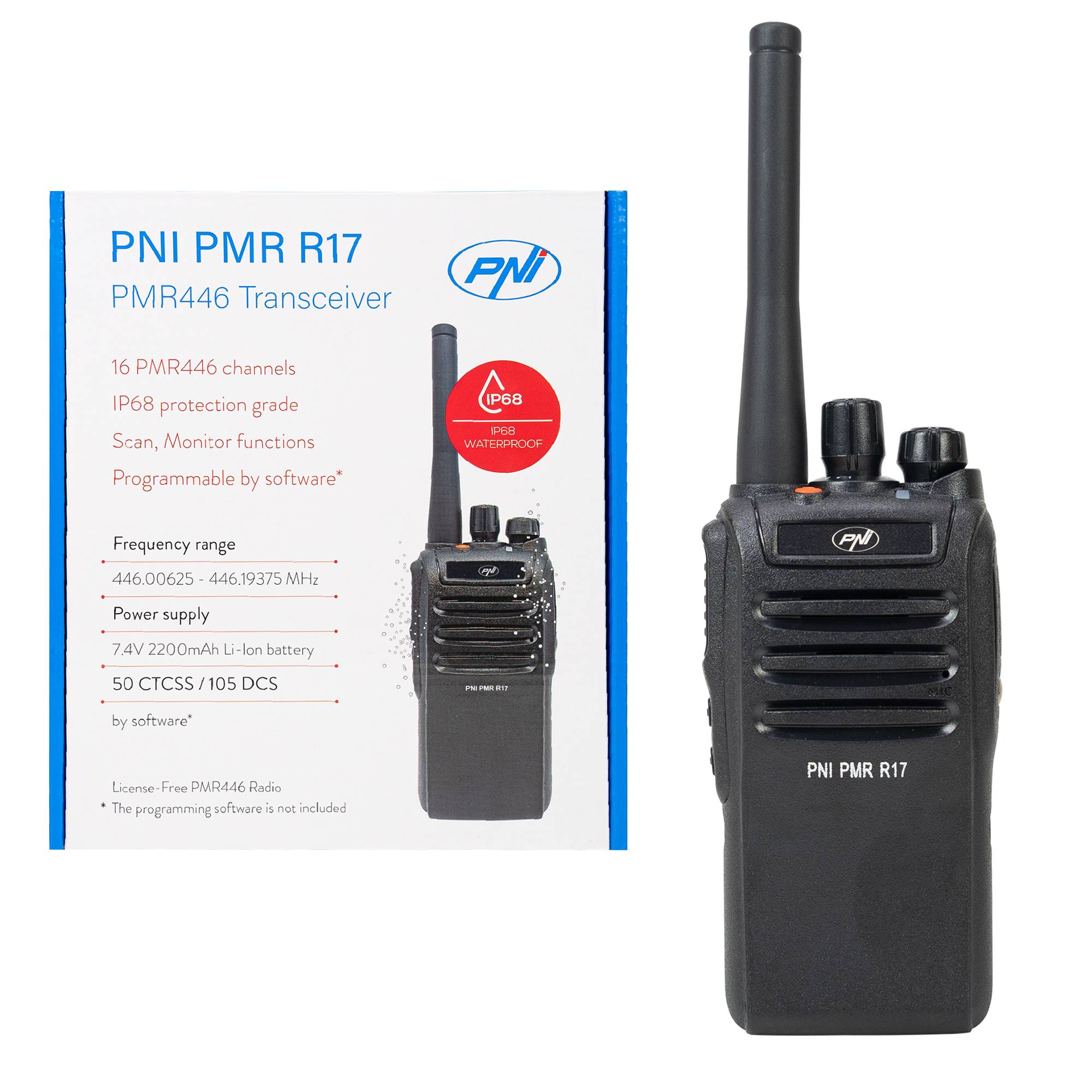 Tragbarer Radiosender PNI PMR R17 446 MHz, 0,5 W, 16 PMR-Kanäle und 50 CTCSS- und 104 DCS-Töne, programmierbar, Li-Ion 2200 mAh, IP68