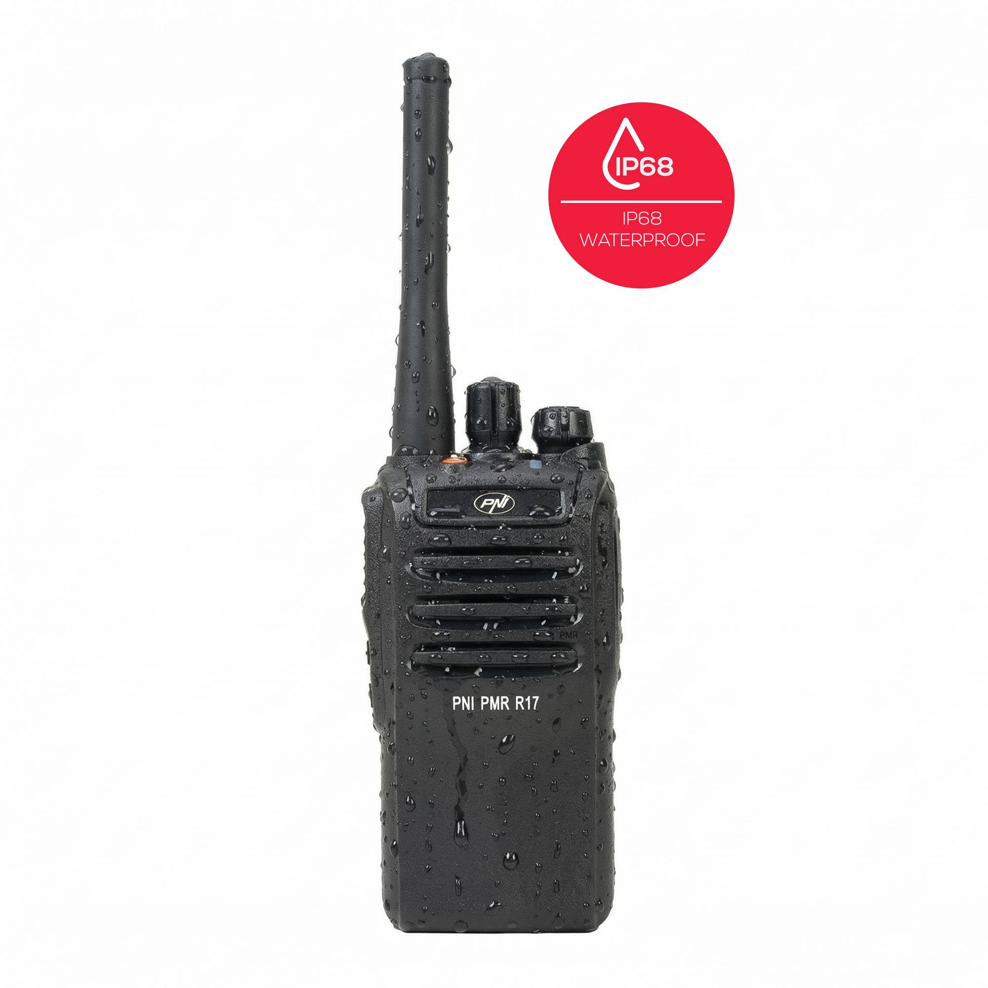 Tragbarer Radiosender PNI PMR R17 446 MHz, 0,5 W, 16 PMR-Kanäle und 50 CTCSS- und 104 DCS-Töne, programmierbar, Li-Ion 2200 mAh, IP68