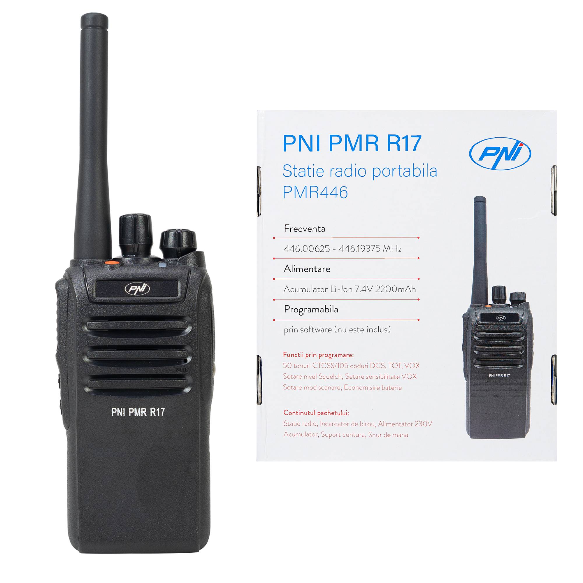 Tragbarer Radiosender PNI PMR R17 446 MHz, 0,5 W, 16 PMR-Kanäle und 50 CTCSS- und 104 DCS-Töne, programmierbar, Li-Ion 2200 mAh, IP68