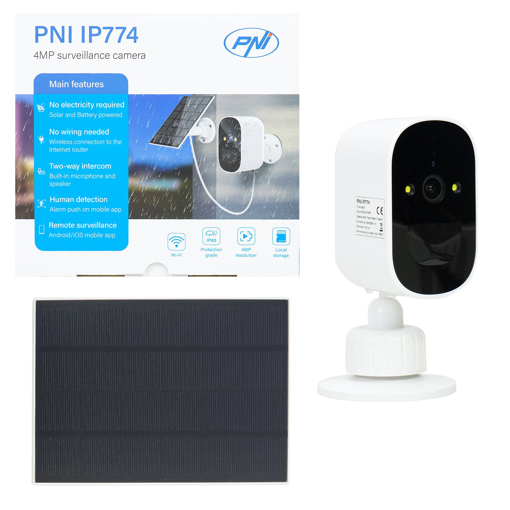 PNI IP774 4MP-Videoüberwachungskamera, 3-W-Solarpanel, integrierter 4000-mAh-Akku, Bewegungserkennung, Micro-SD-Kartensteckplatz, Nachtsicht