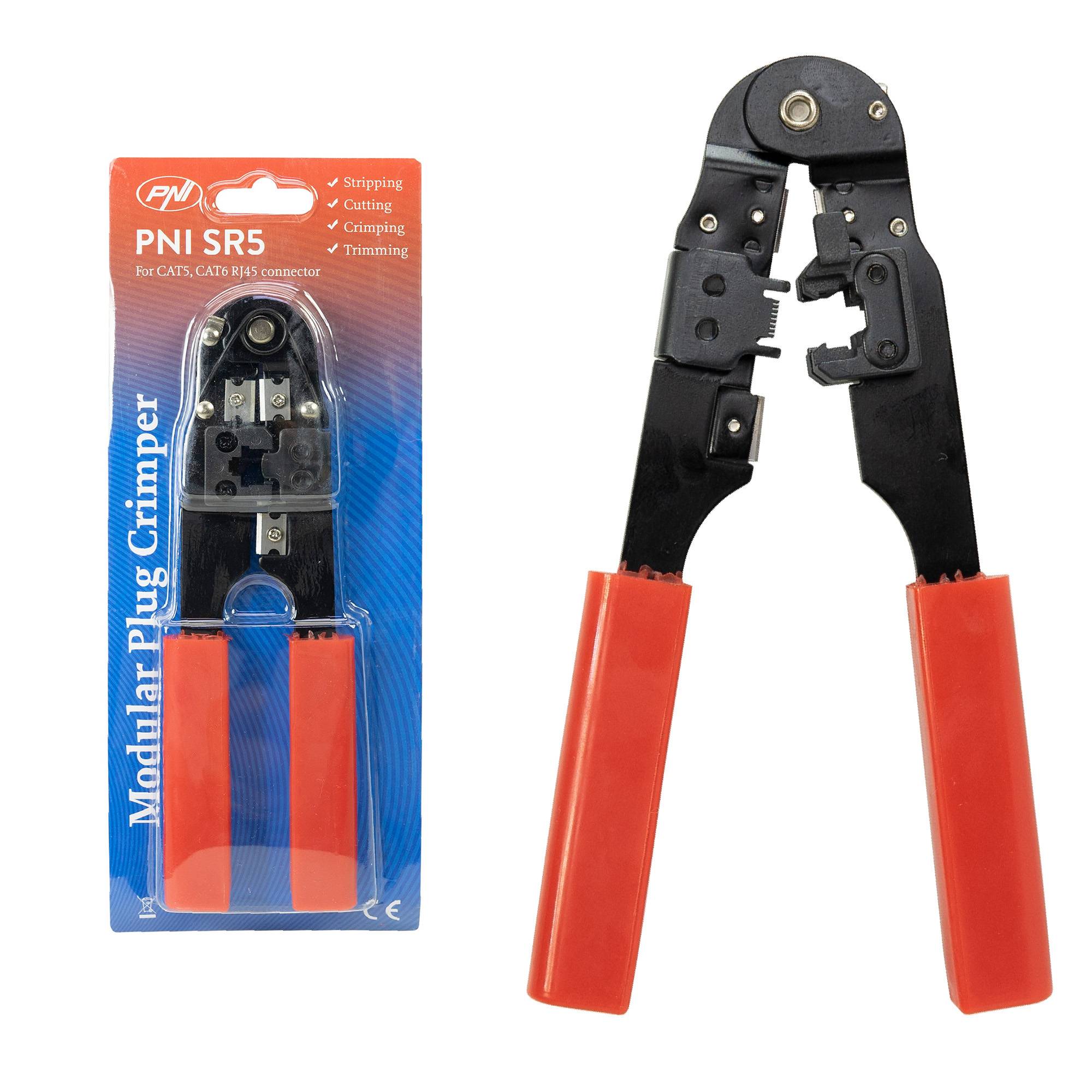 PNI SR5 Zange zum Schneiden, Abisolieren von Kabeln und Crimpen von RJ45 Steckern CAT5, CAT6, rot