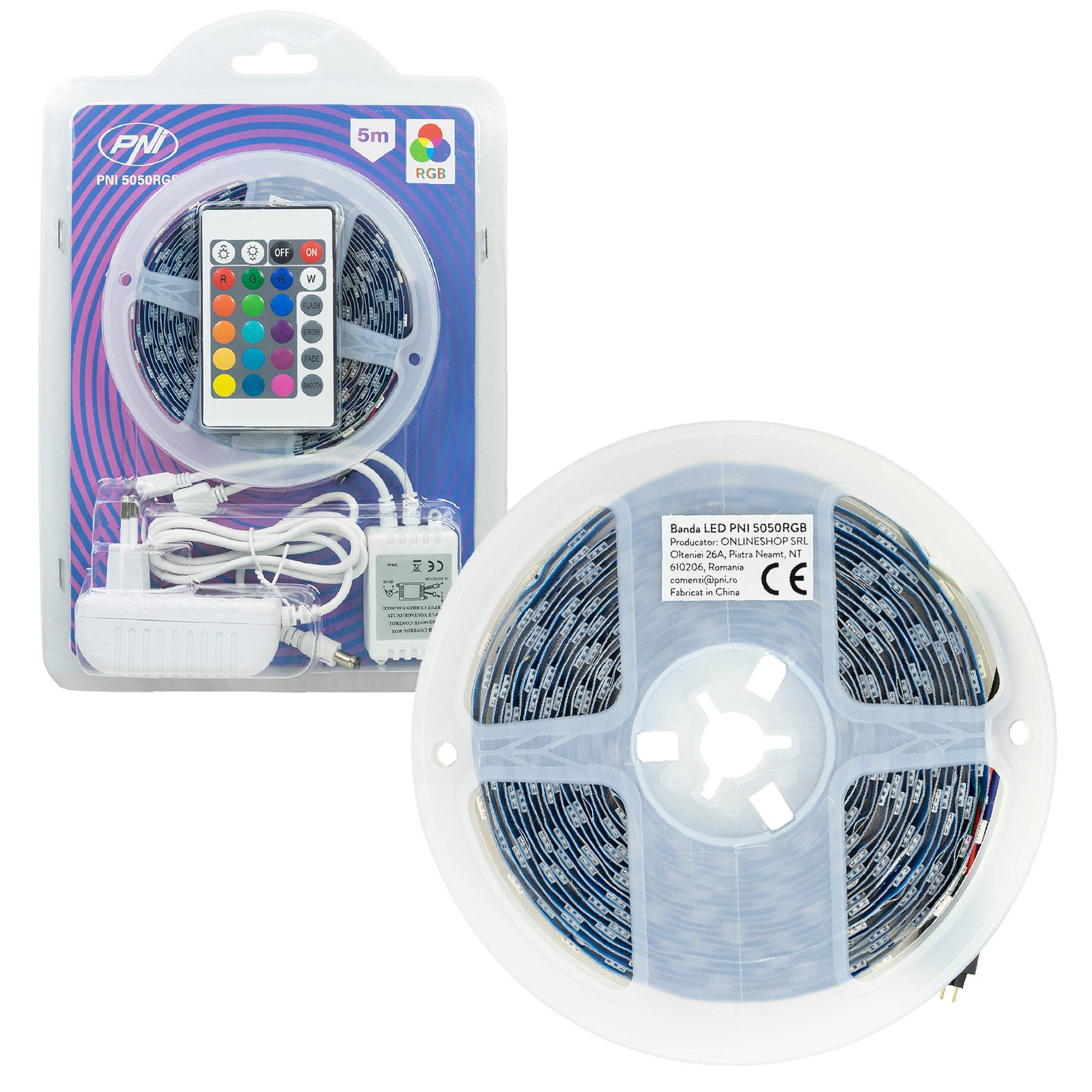 PNI 5050RGB LED-Streifen, 300 LEDs, RGB, dimmbar, Lichtspiele, 5 Meter, IP20, Fernbedienung, 230V Netzteil inklusive