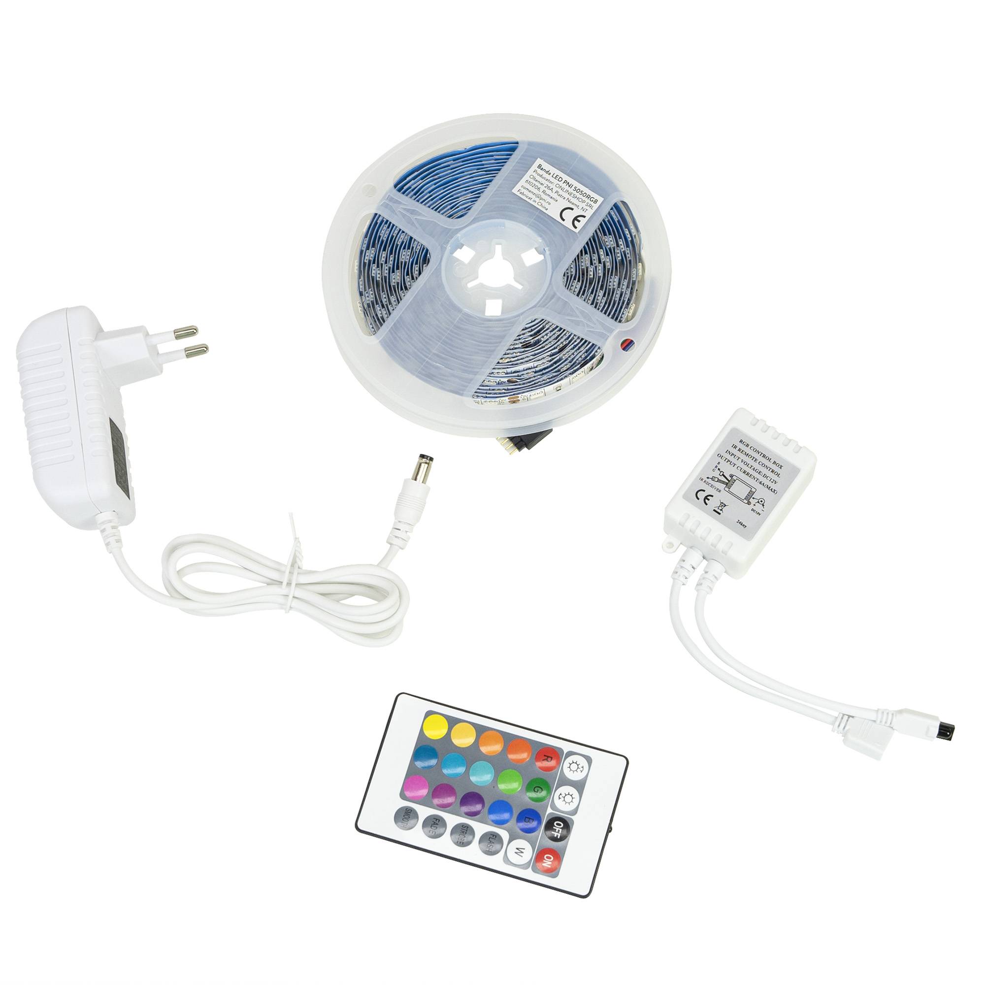 PNI 5050RGB LED-Streifen, 300 LEDs, RGB, dimmbar, Lichtspiele, 5 Meter, IP20, Fernbedienung, 230V Netzteil inklusive